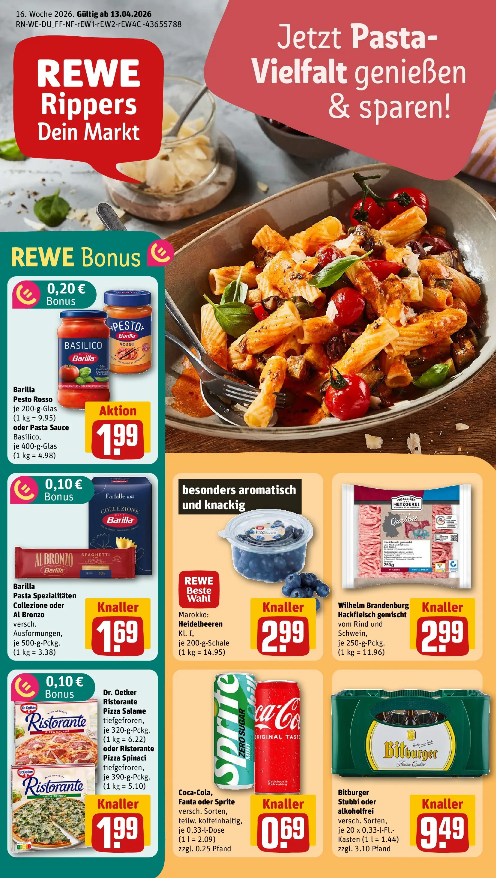 REWE Prospekt ab 12.04.2026 zum Blättern » Angebote | Seite: 1 | Produkte: Bitburger, Barilla, Heidelbeeren, Pasta