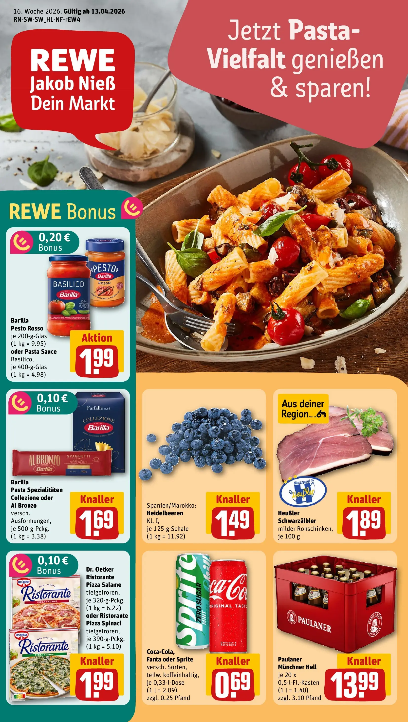 REWE Prospekt ab 12.04.2026 zum Blättern » Angebote | Seite: 1 | Produkte: Ristorante, Heidelbeeren, Pasta, Paulaner