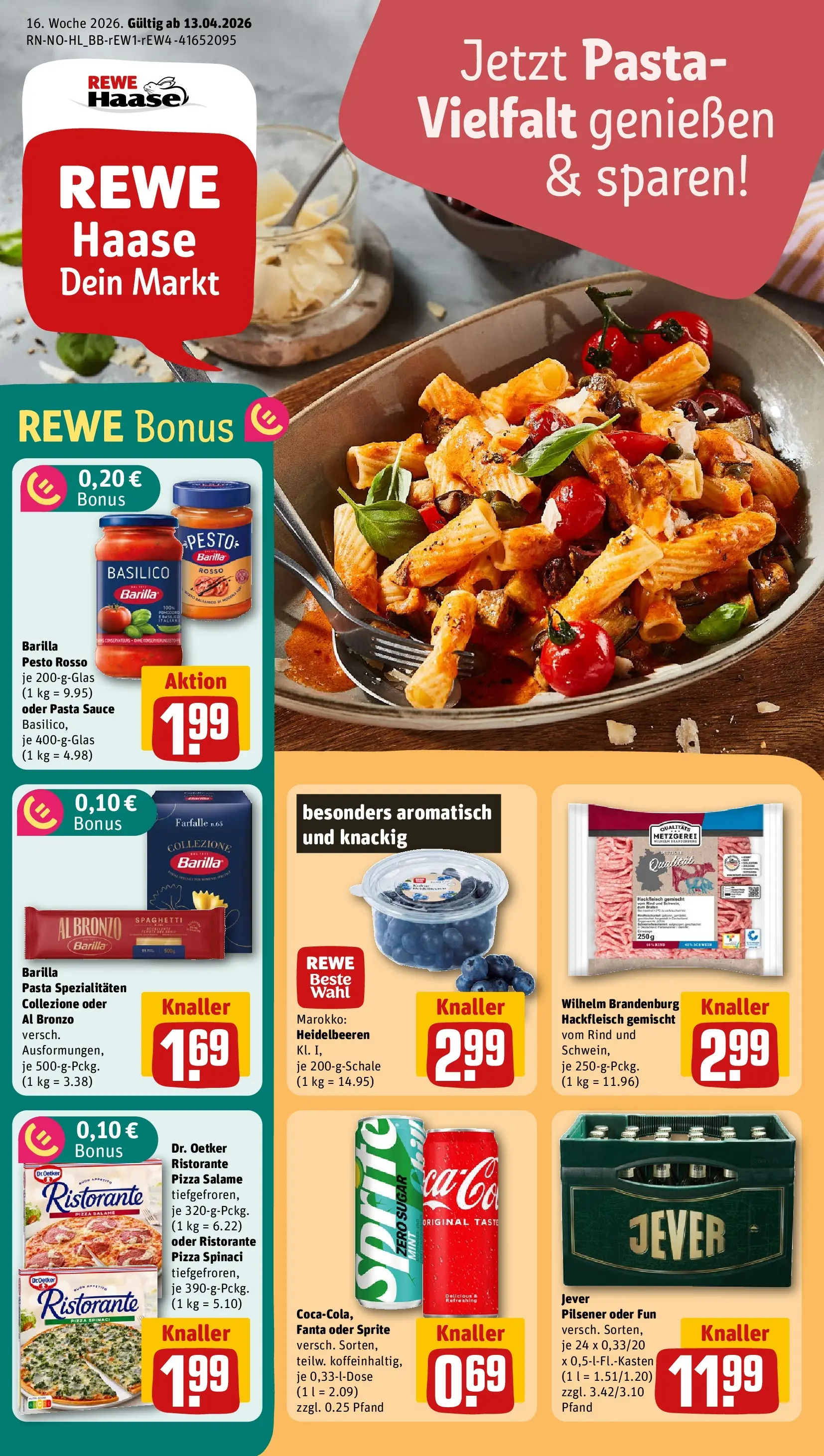 REWE Prospekt ab 12.04.2026 zum Blättern » Angebote | Seite: 1 | Produkte: Ristorante, Barilla pesto, Jever, Hackfleisch
