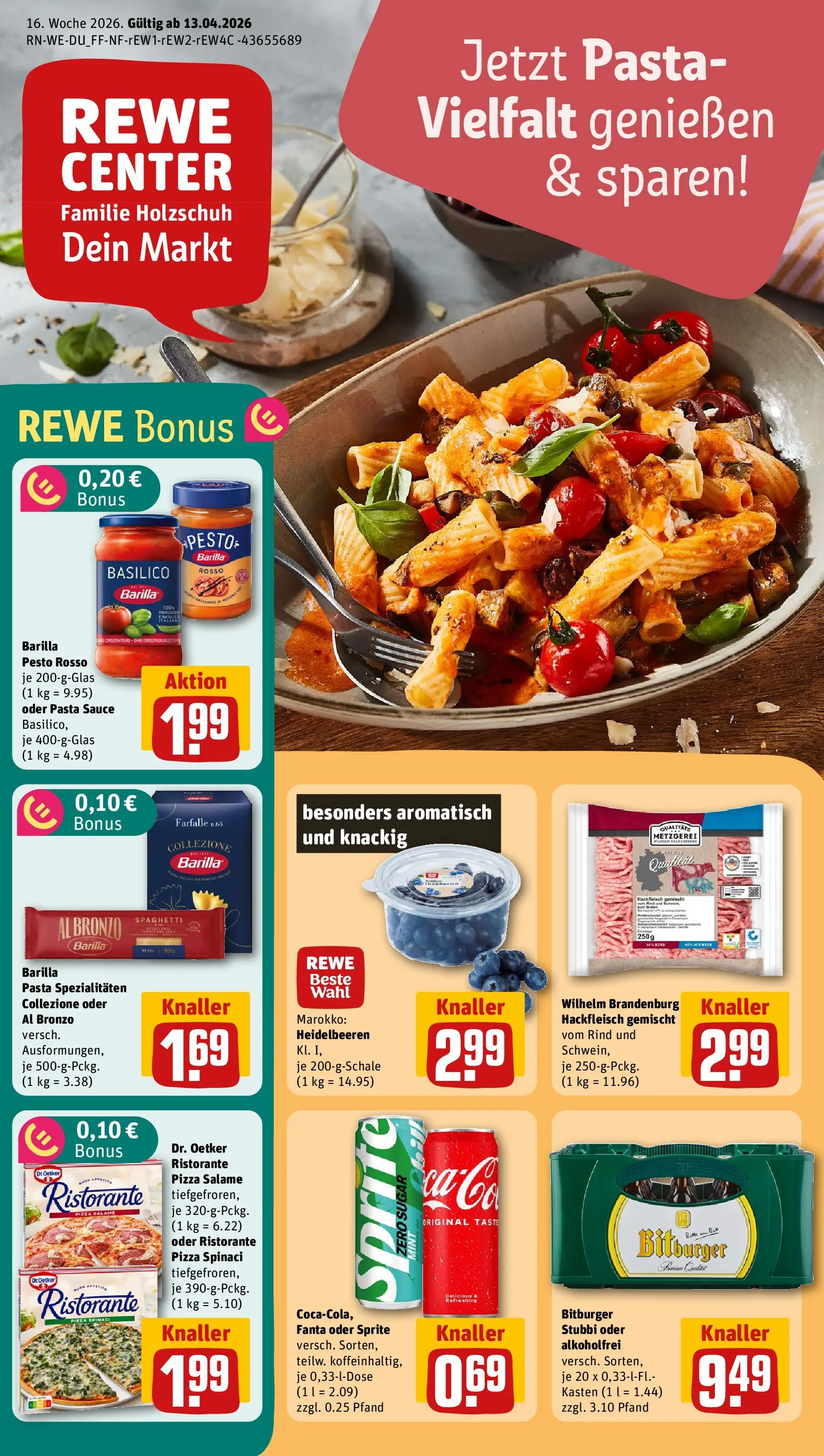 REWE Prospekt ab 12.04.2026 zum Blättern » Angebote | Seite: 1 | Produkte: Ristorante, Barilla, Heidelbeeren, Pasta