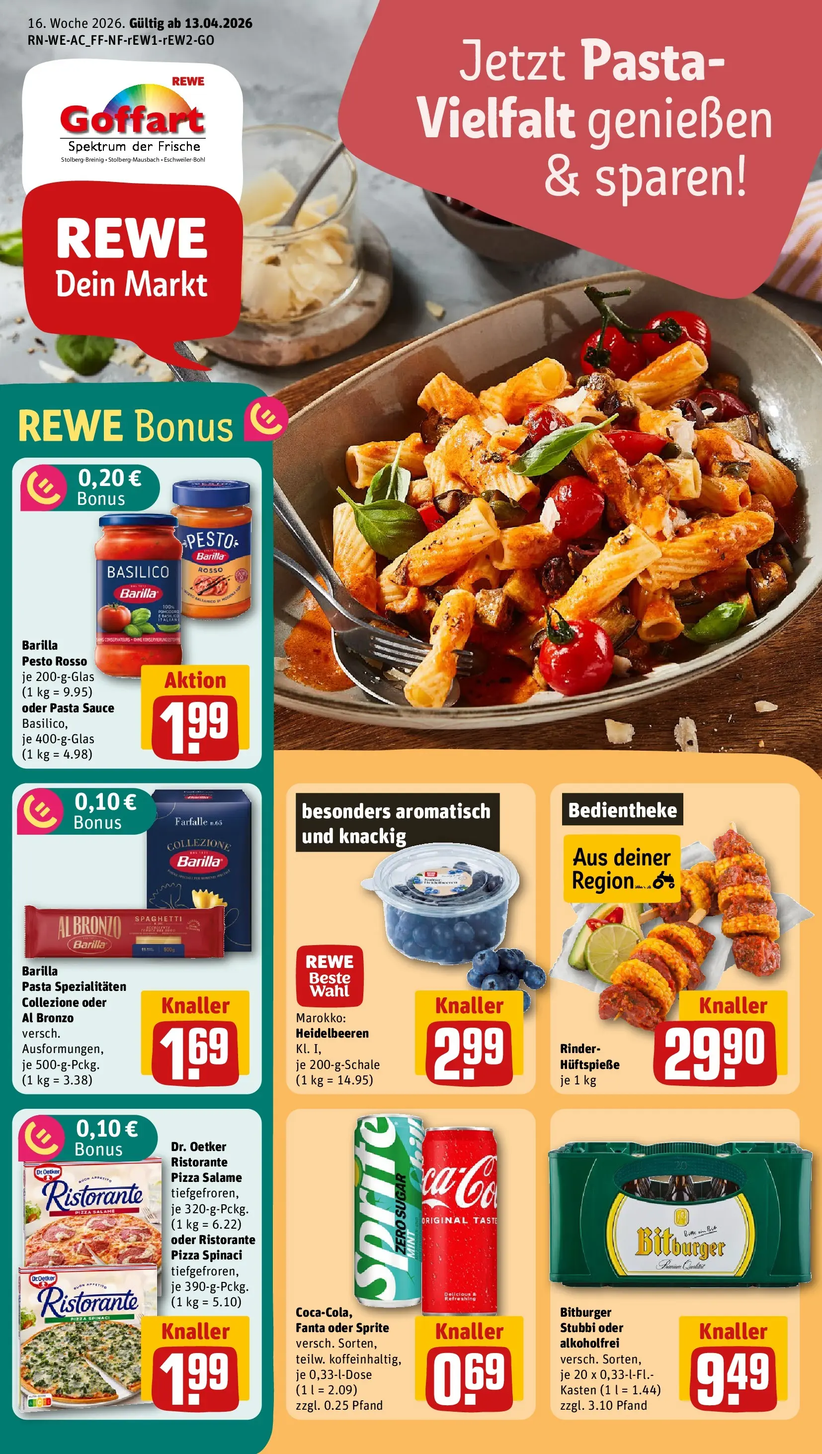 REWE Prospekt ab 12.04.2026 zum Blättern » Angebote | Seite: 1 | Produkte: Ristorante, Barilla pesto, Heidelbeeren, Pizza