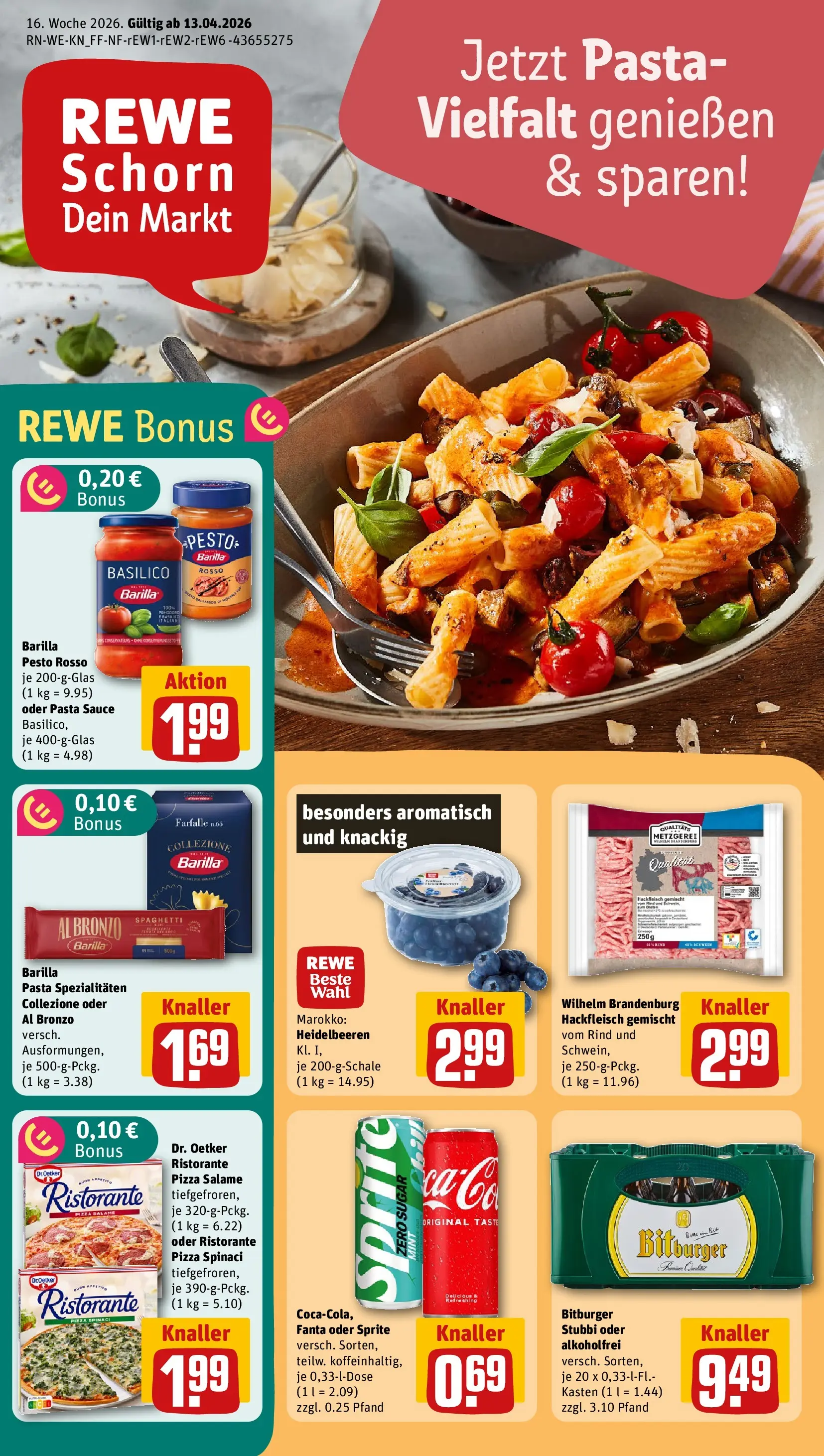 REWE Prospekt ab 12.04.2026 zum Blättern » Angebote | Seite: 1 | Produkte: Ristorante, Bitburger, Pasta, Hackfleisch