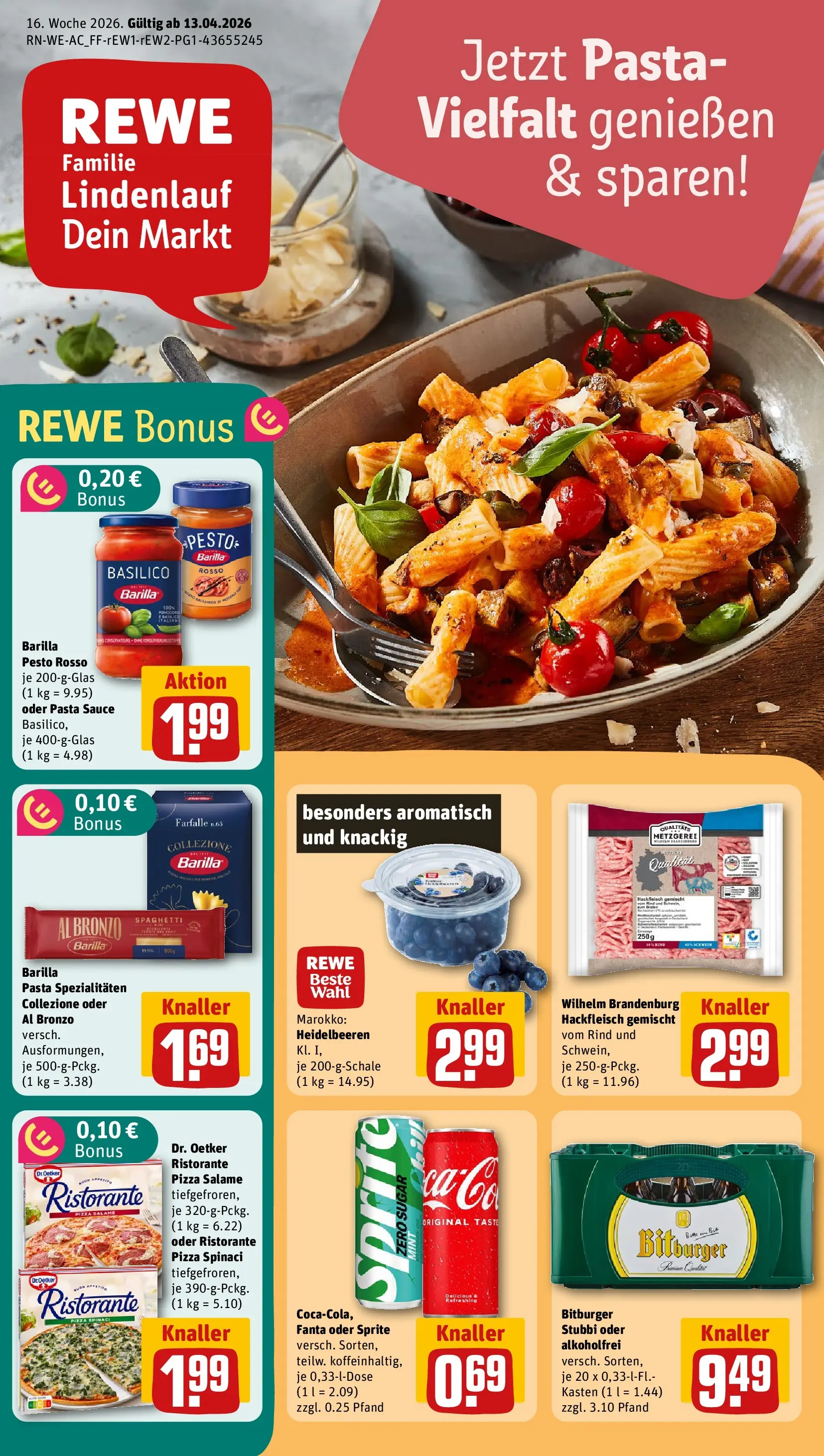 REWE Prospekt ab 12.04.2026 zum Blättern » Angebote | Seite: 1 | Produkte: Ristorante, Bitburger, Barilla pesto, Hackfleisch