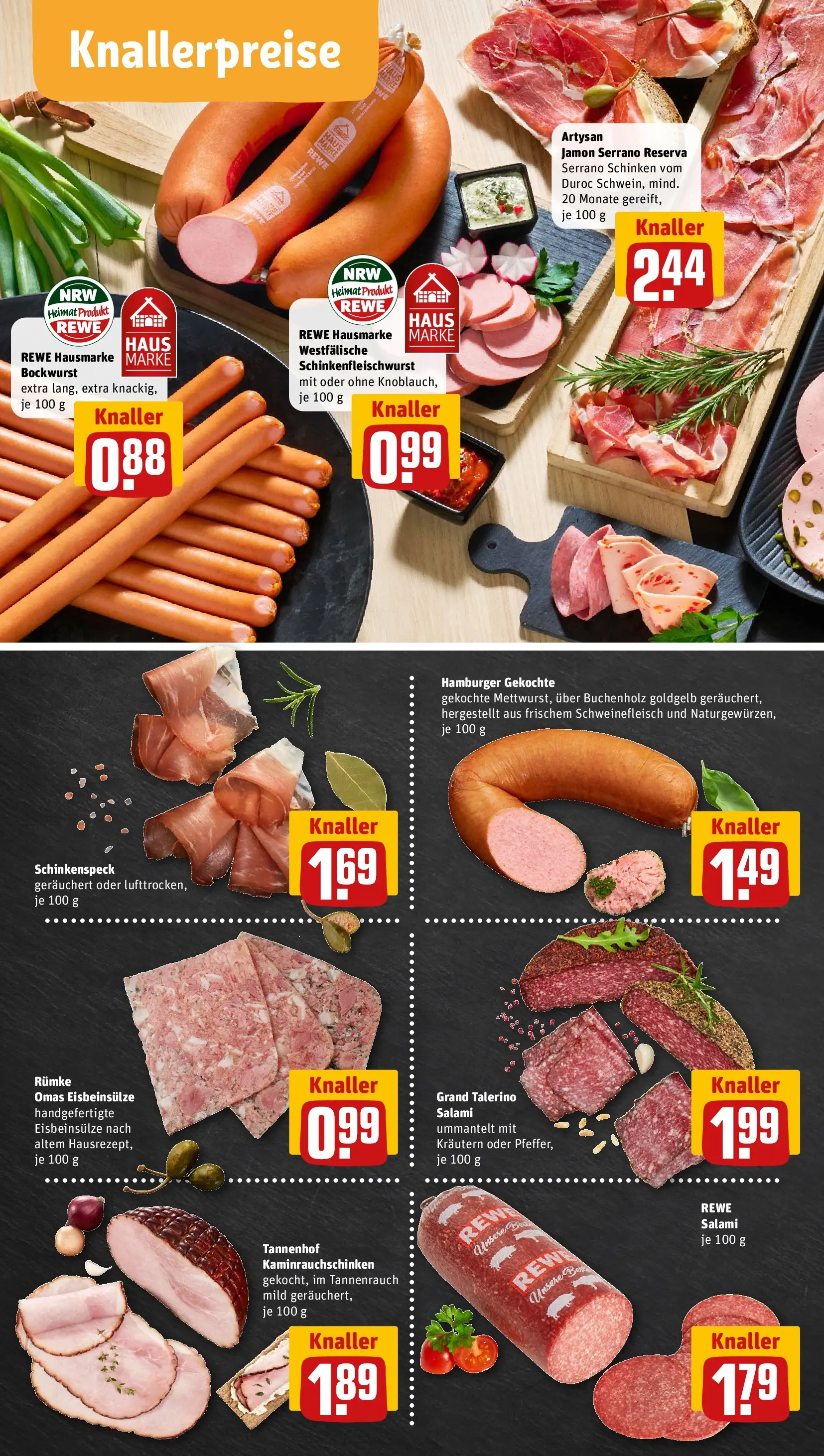 REWE Prospekt ab 12.04.2026 zum Blättern » Angebote | Seite: 8 | Produkte: Bockwurst, Serrano schinken, Schinken, Schweinefleisch