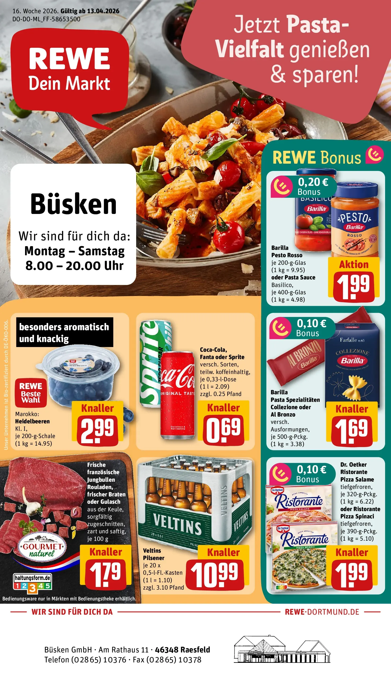 REWE Prospekt ab 12.04.2026 zum Blättern » Angebote | Seite: 1 | Produkte: Ristorante, Barilla, Barilla pesto, Gulasch
