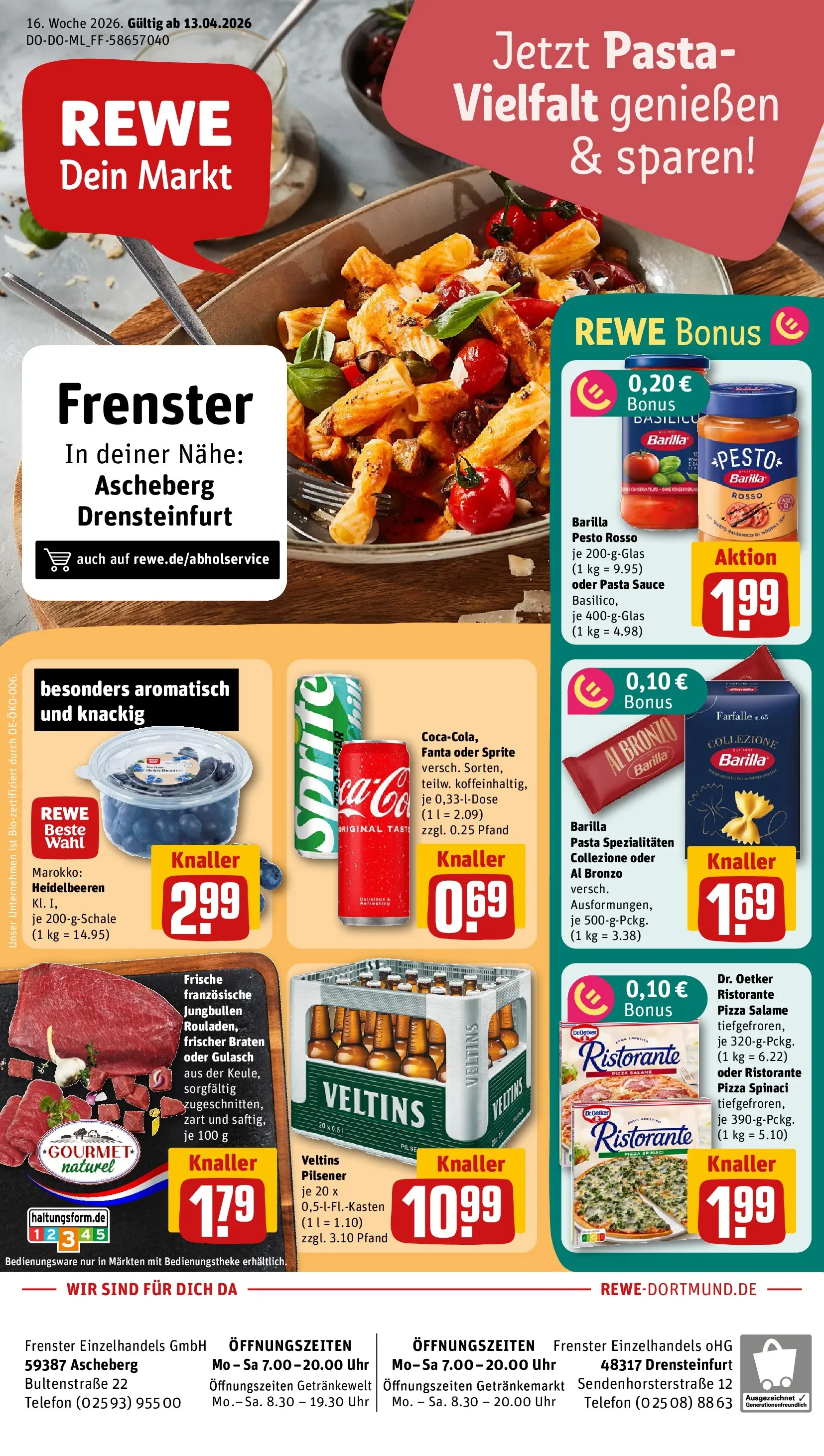 REWE Prospekt ab 12.04.2026 zum Blättern » Angebote | Seite: 1 | Produkte: Ristorante, Fanta, Barilla pesto, Heidelbeeren