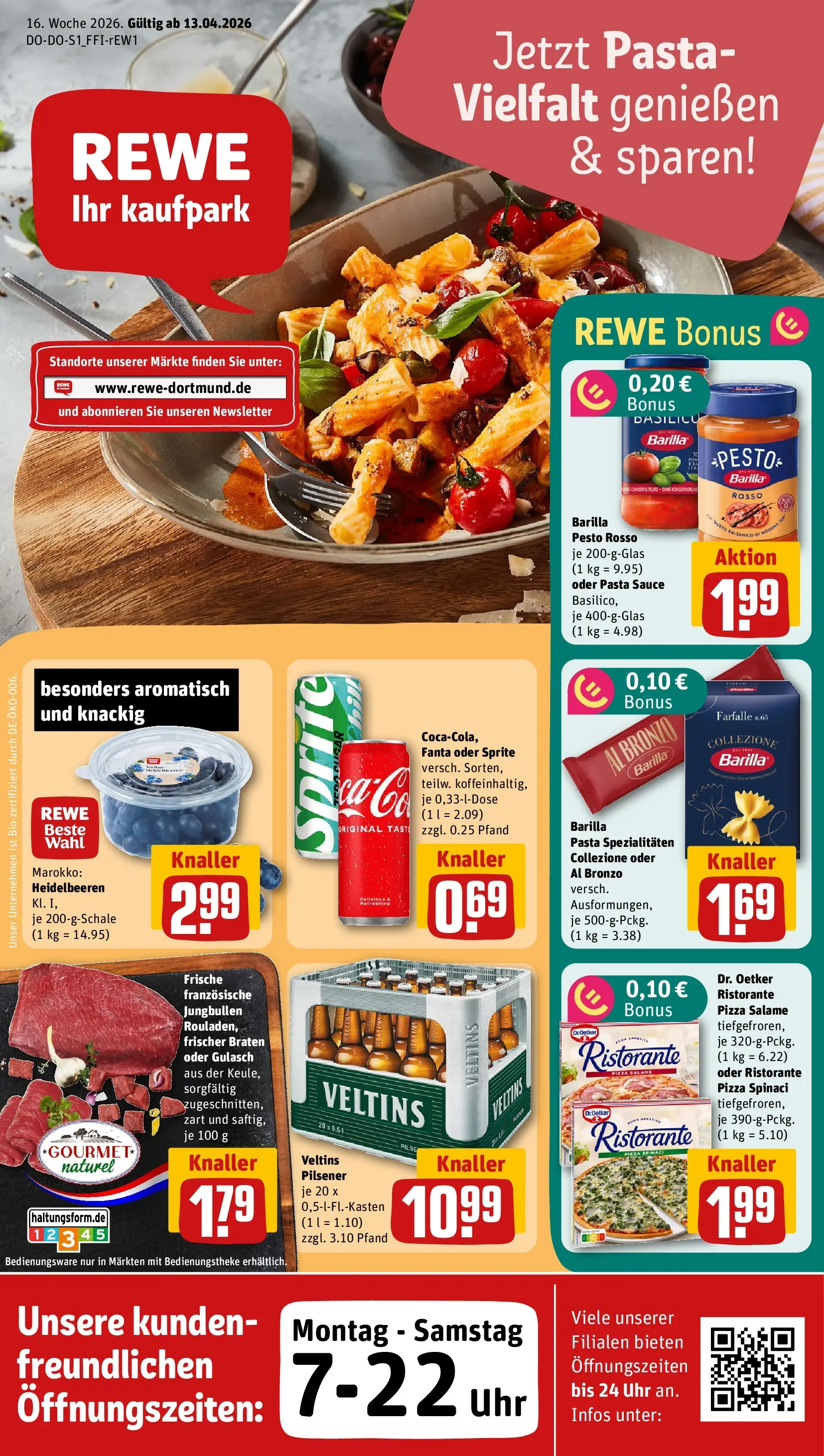 REWE Prospekt ab 12.04.2026 zum Blättern » Angebote | Seite: 1 | Produkte: Barilla, Barilla pesto, Pizza, Veltins