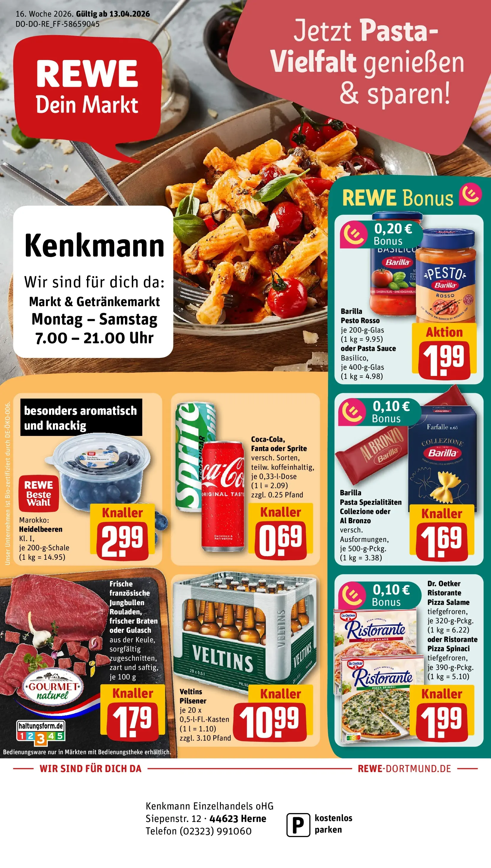 REWE Prospekt ab 12.04.2026 zum Blättern » Angebote | Seite: 1 | Produkte: Ristorante, Heidelbeeren, Gulasch, Pizza