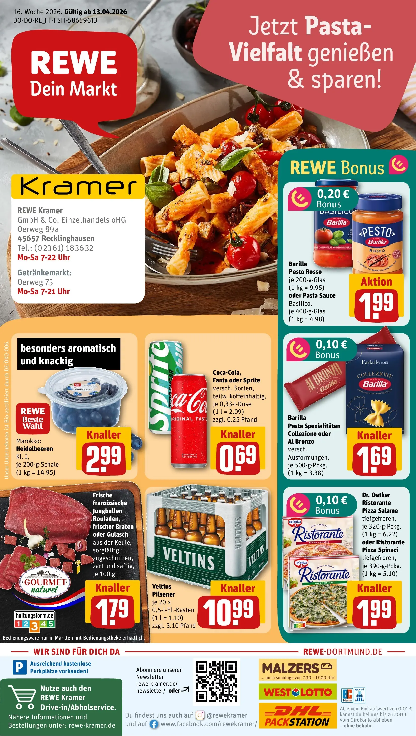 REWE Prospekt ab 12.04.2026 zum Blättern » Angebote | Seite: 1 | Produkte: Fanta, Sprite, Barilla pesto, Gulasch