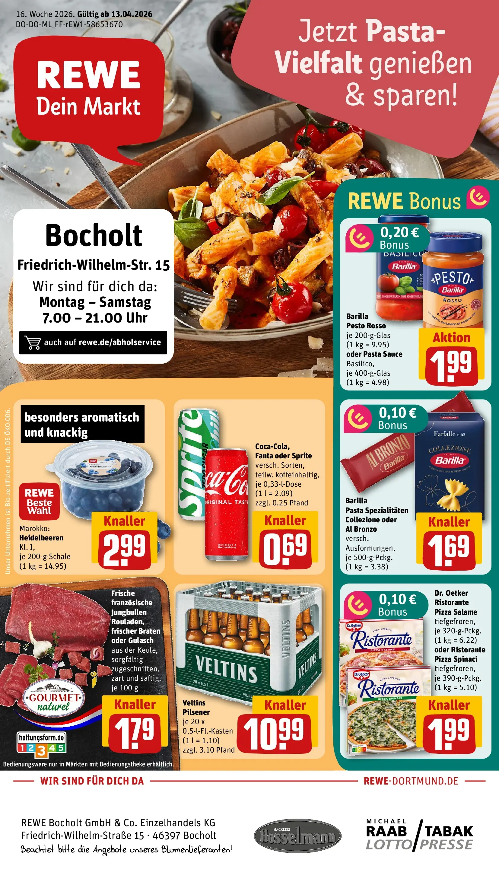 REWE Prospekt ab 12.04.2026 zum Blättern » Angebote | Seite: 1 | Produkte: Ristorante, Barilla pesto, Heidelbeeren, Veltins