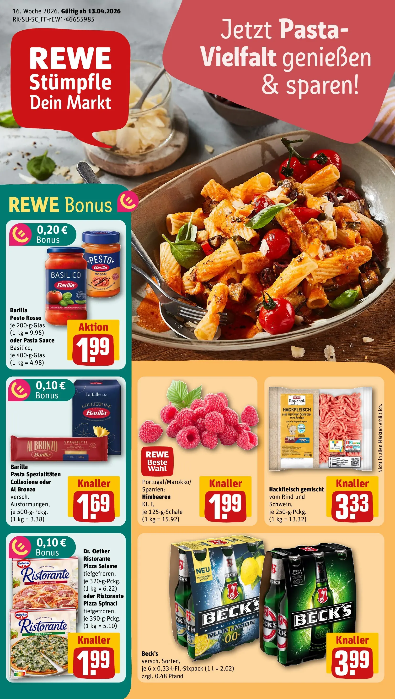 REWE Prospekt ab 12.04.2026 zum Blättern » Angebote | Seite: 1 | Produkte: Himbeeren, Barilla, Pizza, Hackfleisch