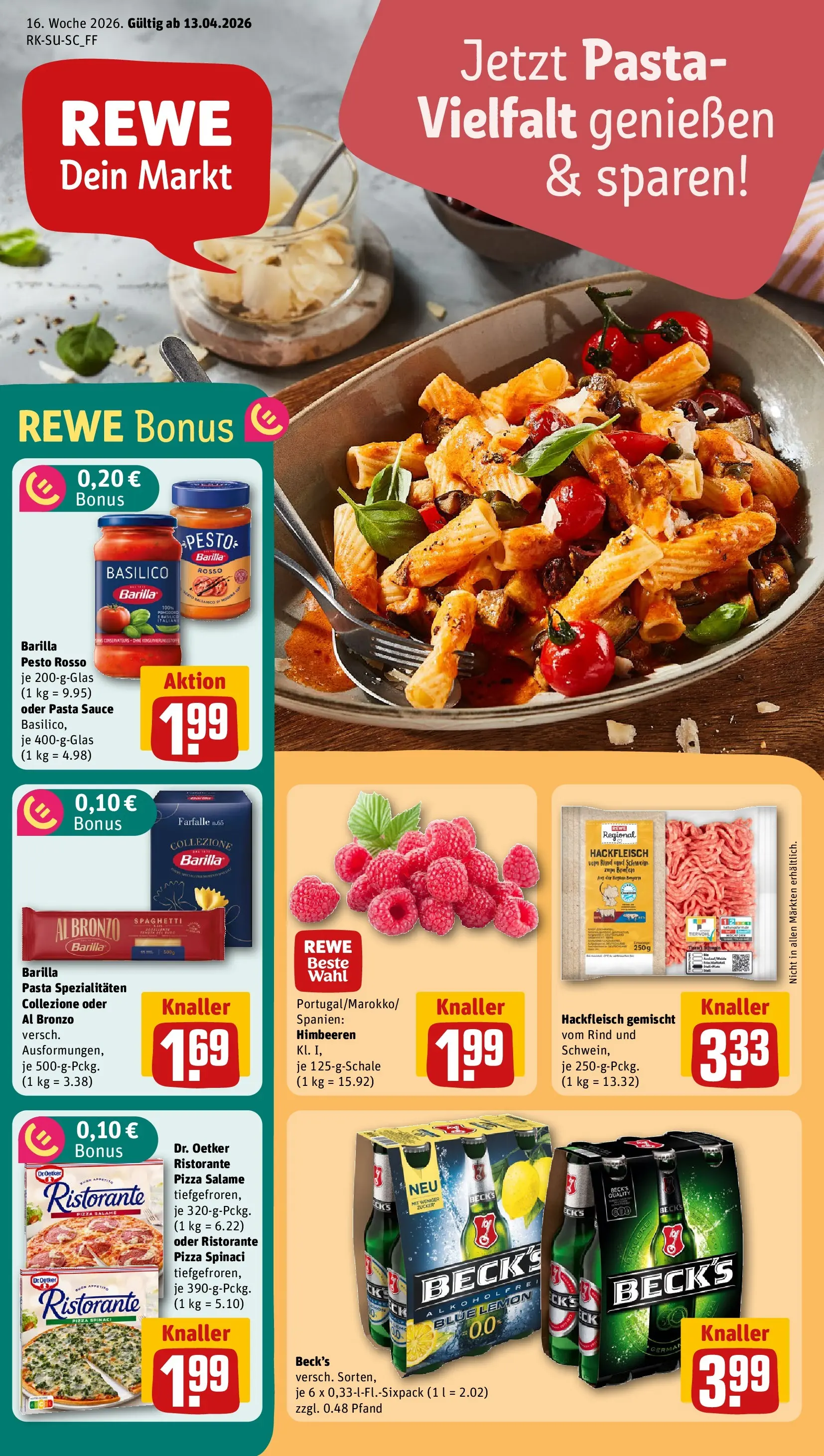 REWE Prospekt ab 12.04.2026 zum Blättern » Angebote | Seite: 1 | Produkte: Himbeeren, Barilla pesto, Pasta, Pizza
