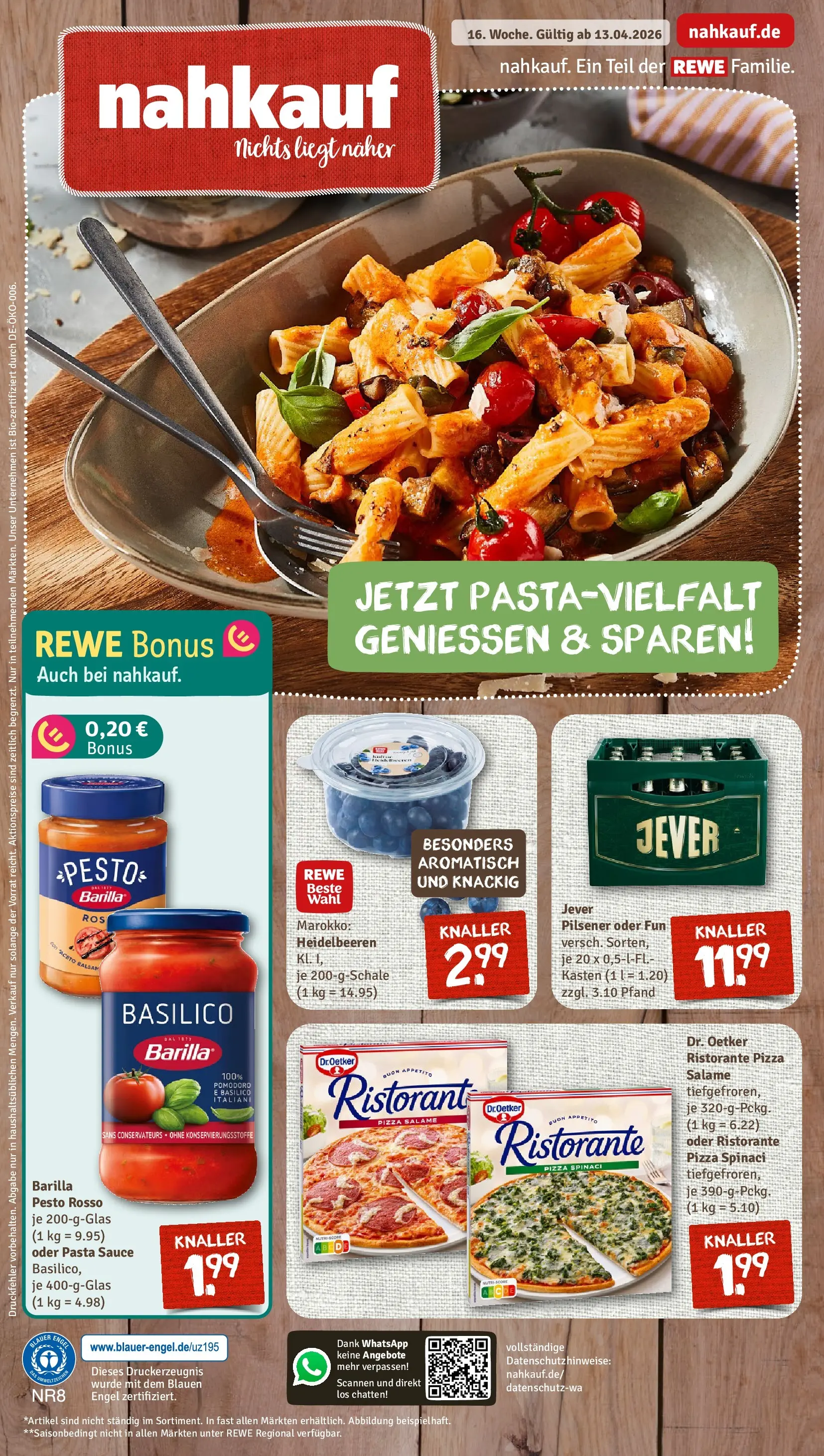 REWE Prospekt ab 12.04.2026 zum Blättern » Angebote | Seite: 1 | Produkte: Barilla, Jever, Pasta, Pizza