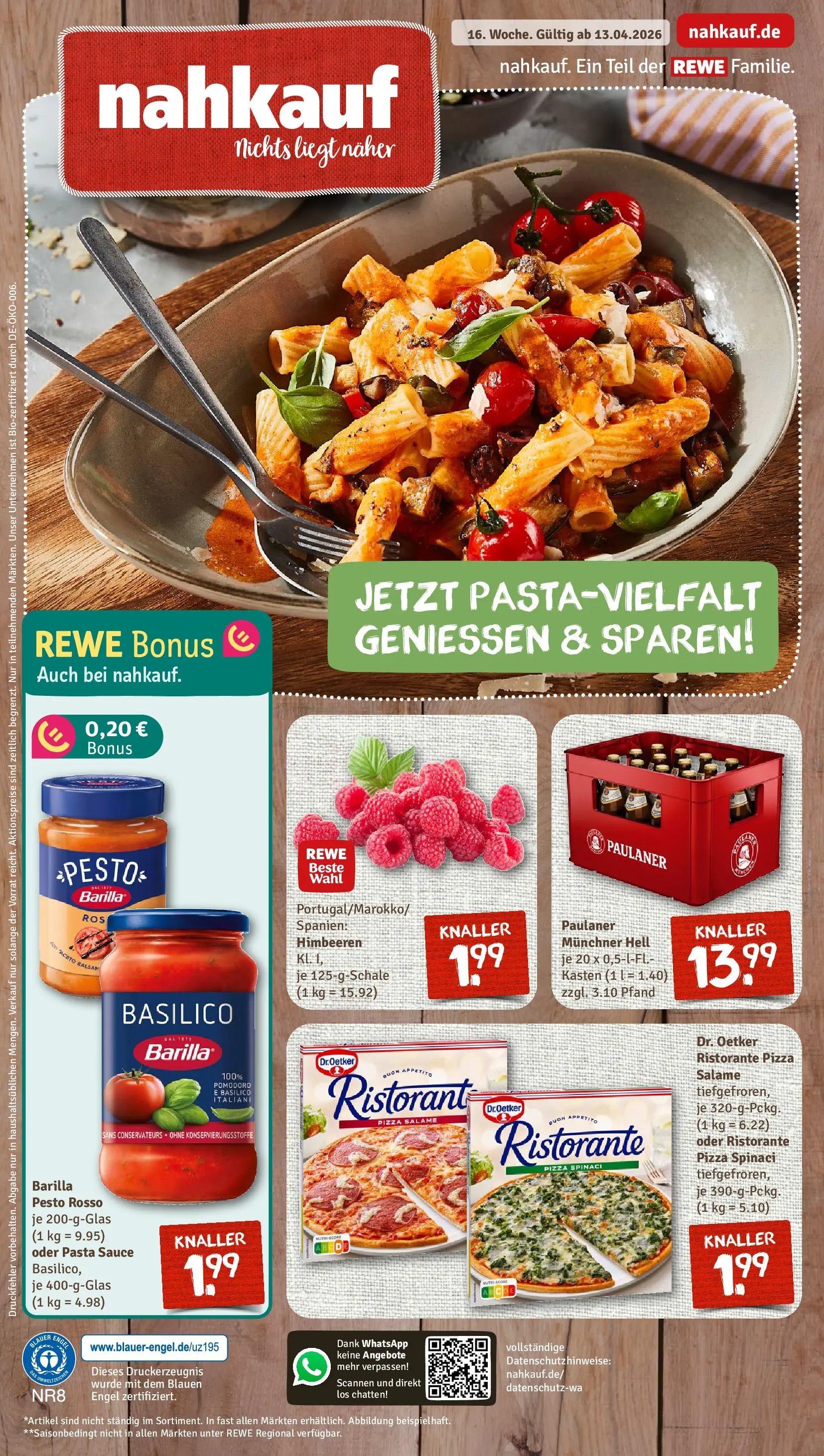 REWE Prospekt ab 13.04.2026 zum Blättern » Angebote | Seite: 1 | Produkte: Himbeeren, Ristorante, Barilla pesto, Pizza