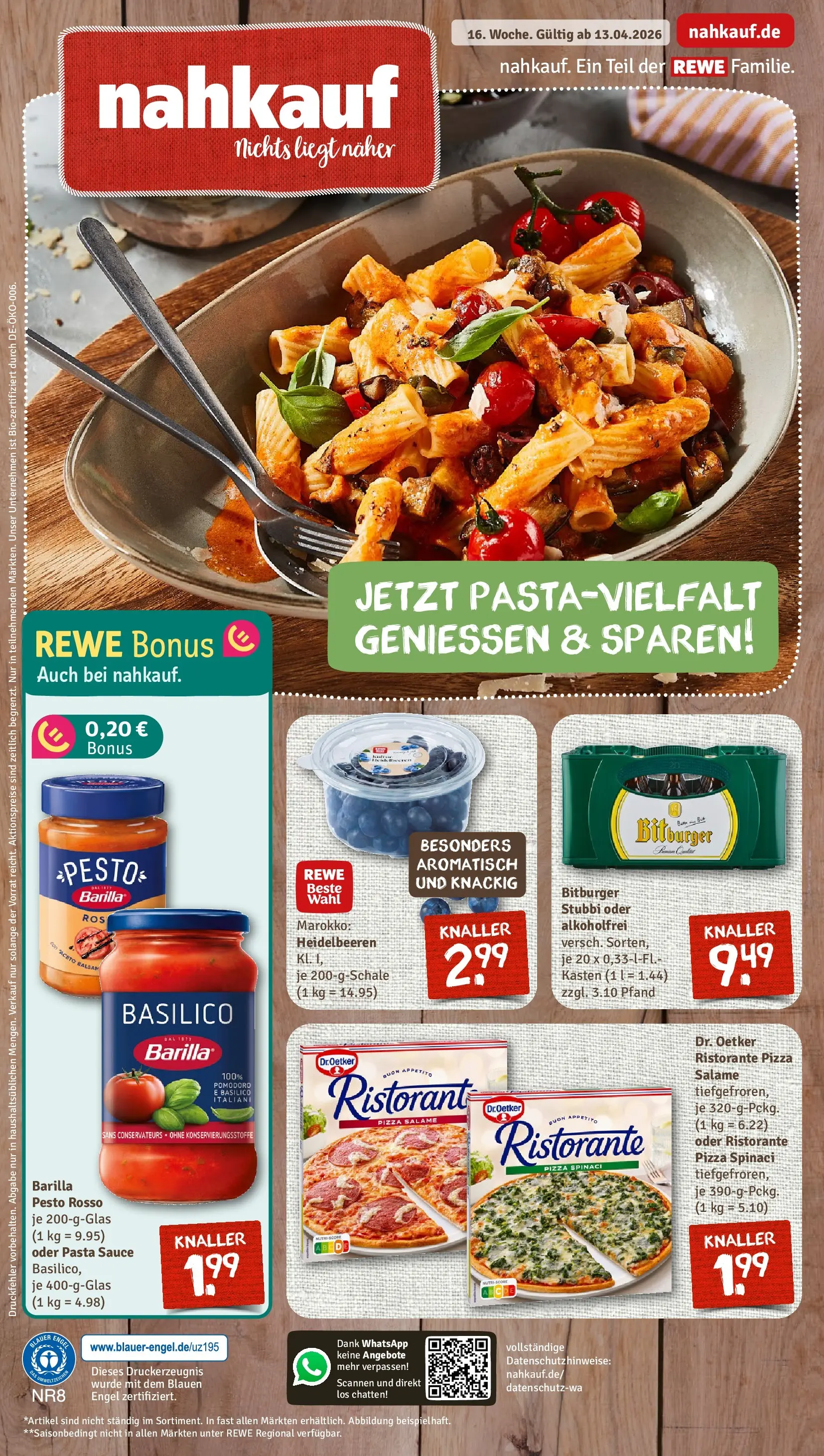 REWE Prospekt ab 13.04.2026 zum Blättern » Angebote | Seite: 1 | Produkte: Ristorante, Bitburger, Barilla, Barilla pesto