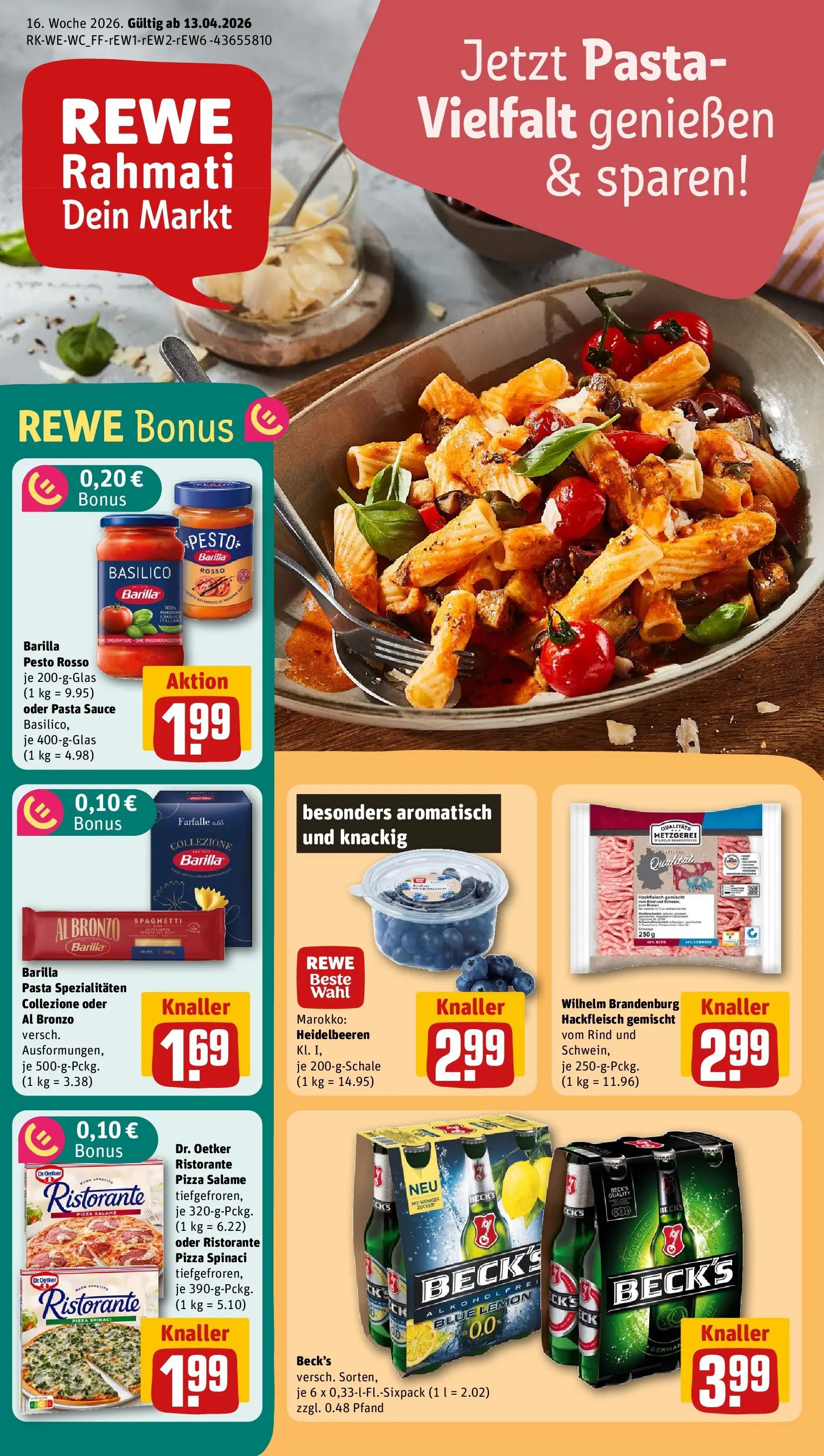 REWE Prospekt ab 12.04.2026 zum Blättern » Angebote | Seite: 1 | Produkte: Barilla, Barilla pesto, Heidelbeeren, Hackfleisch