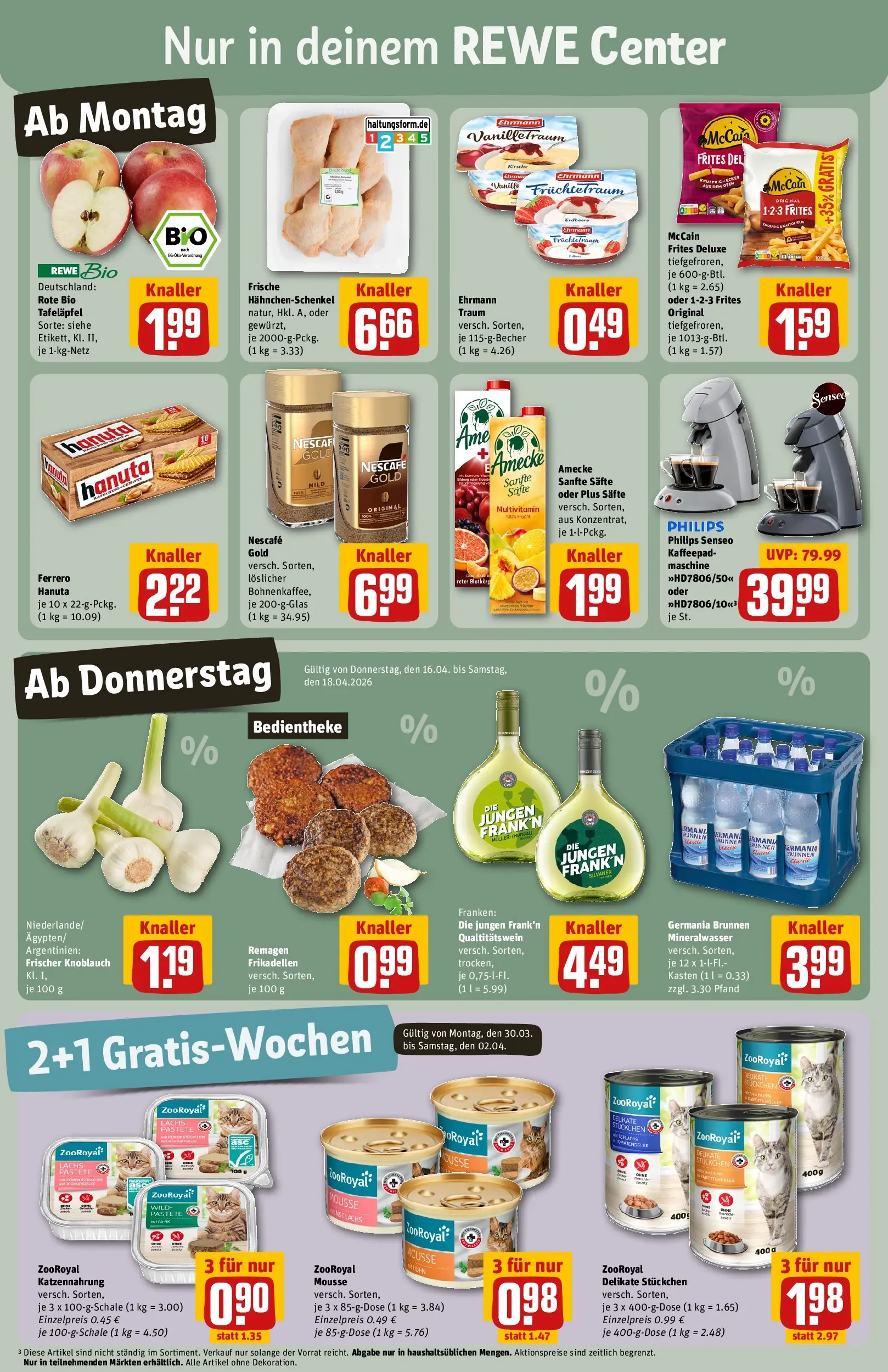 REWE Prospekt ab 12.04.2026 zum Blättern » Angebote | Seite: 3 | Produkte: Hahnchenschenkel, Mineralwasser, Lachs, Knoblauch