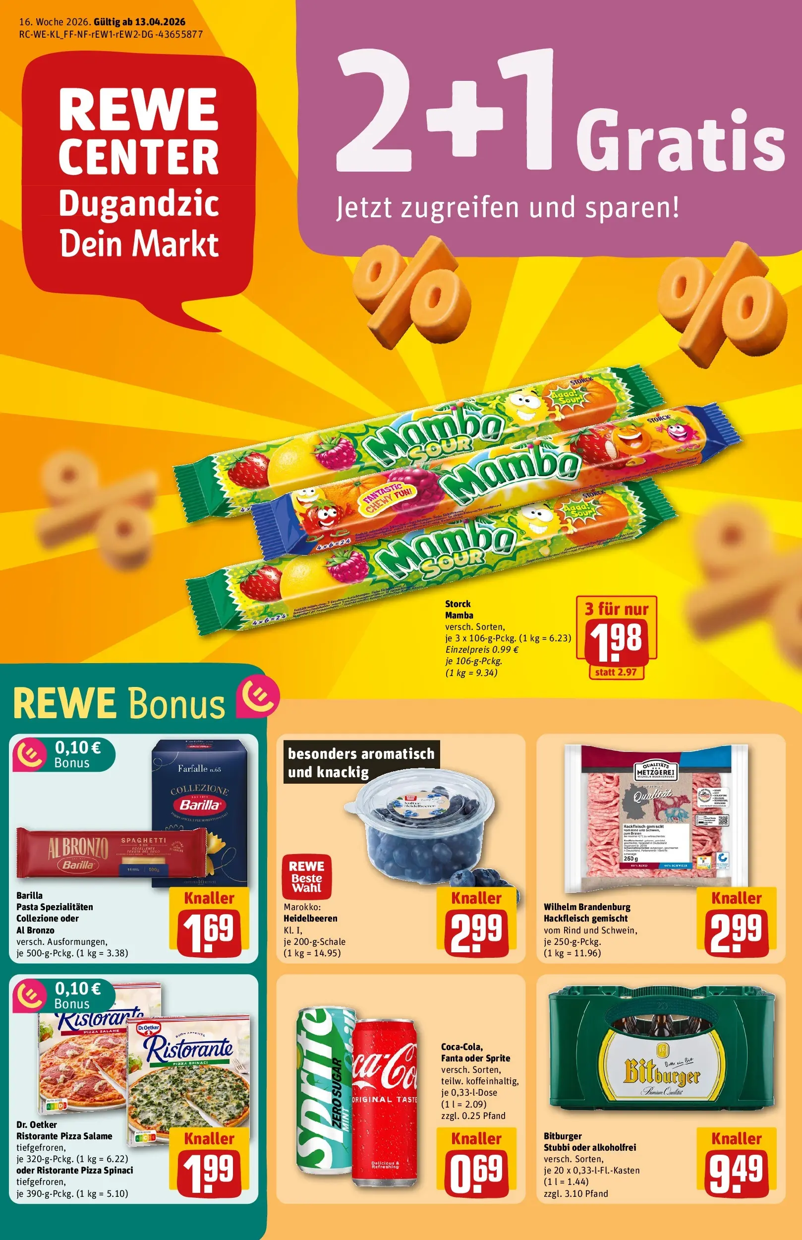REWE Prospekt ab 12.04.2026 zum Blättern » Angebote | Seite: 1 | Produkte: Ristorante, Barilla, Heidelbeeren, Pizza