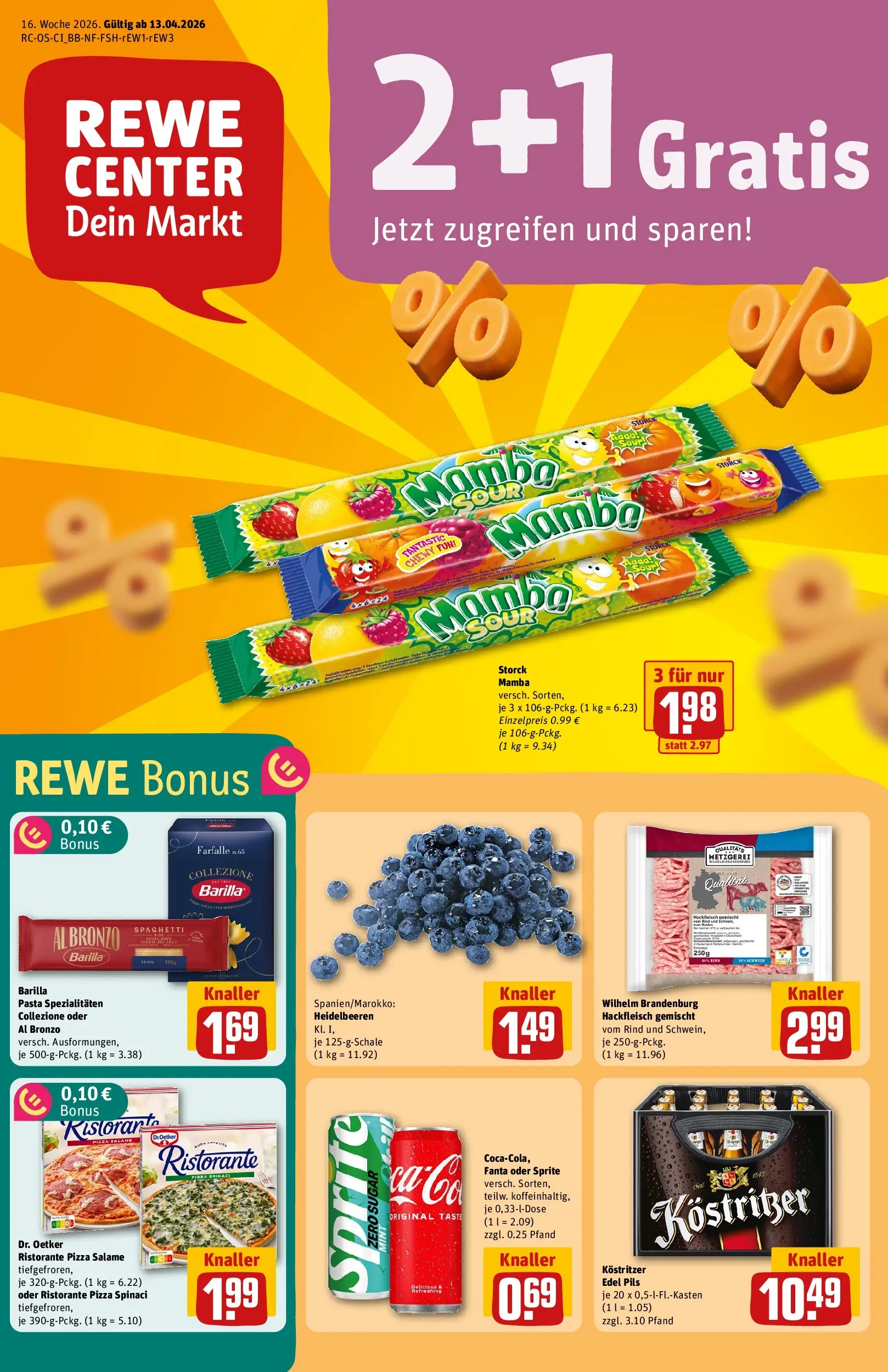 REWE Prospekt ab 12.04.2026 zum Blättern » Angebote | Seite: 1 | Produkte: Barilla, Pils, Heidelbeeren, Hackfleisch