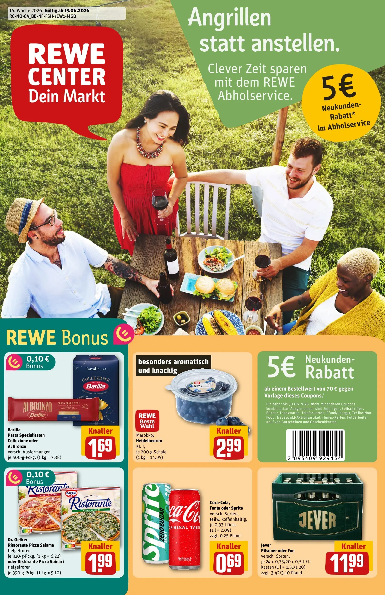 REWE Prospekt ab 12.04.2026 zum Blättern » Angebote | Seite: 1 | Produkte: Fanta, Sprite, Heidelbeeren, Jever