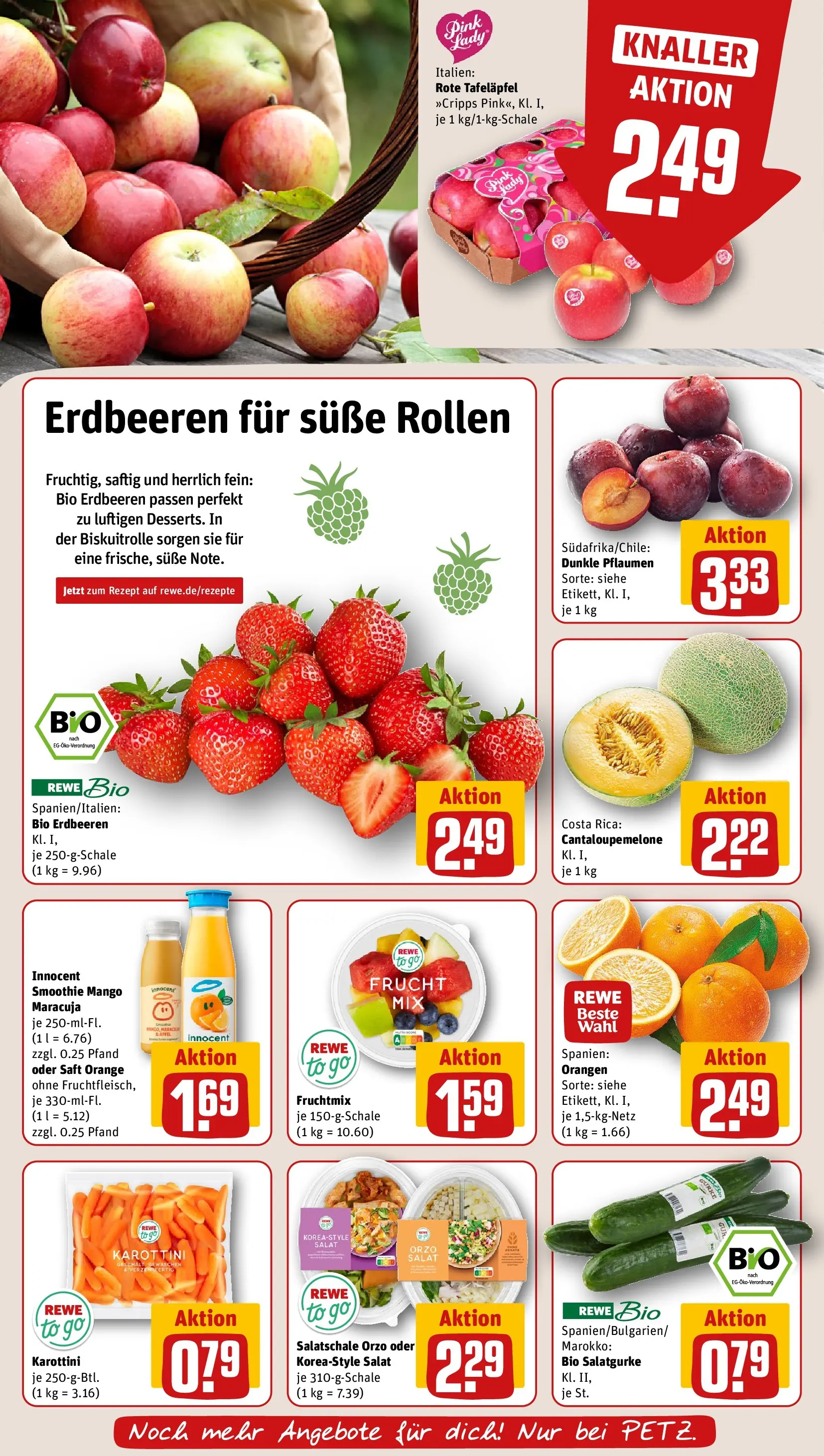 REWE Prospekt ab 12.04.2026 zum Blättern » Angebote | Seite: 4 | Produkte: Pflaumen, Mango, Saft, Erdbeeren