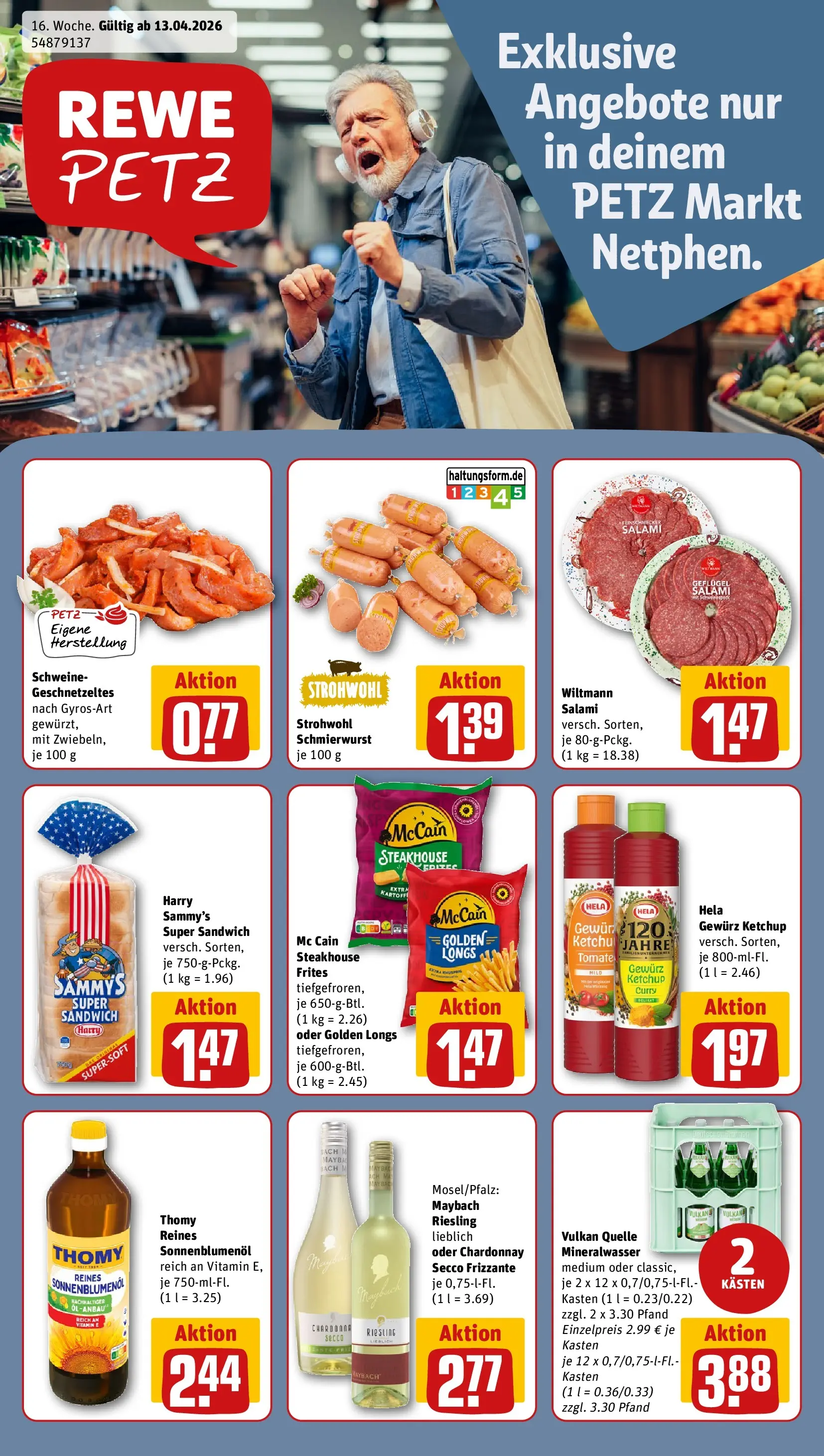 REWE Prospekt ab 12.04.2026 zum Blättern » Angebote | Seite: 1 | Produkte: Sonnenblumenol, Mineralwasser, Salami, Ketchup