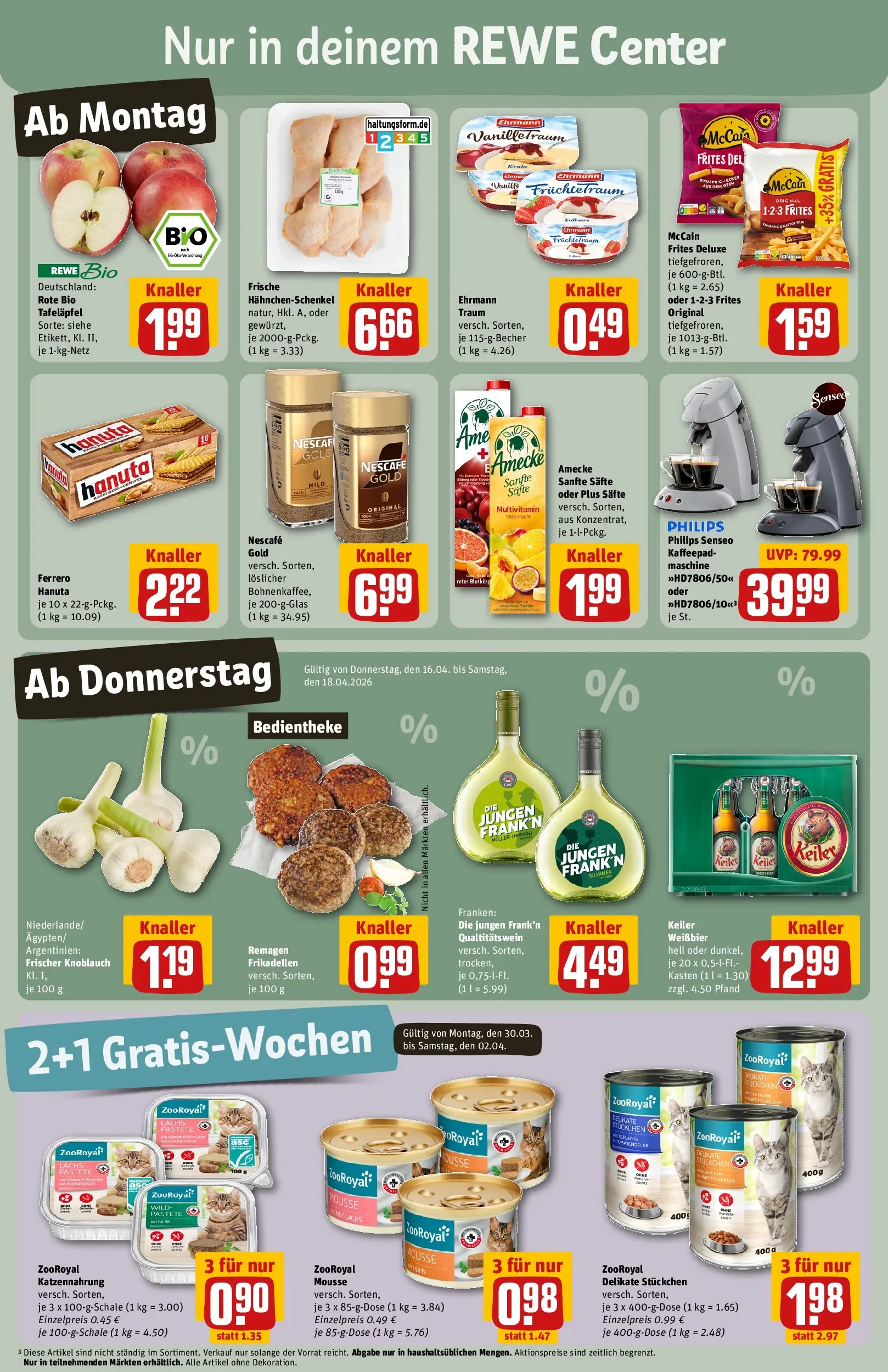 REWE Prospekt ab 12.04.2026 zum Blättern » Angebote | Seite: 3 | Produkte: Hahnchenschenkel, Lachs, Knoblauch, Wein