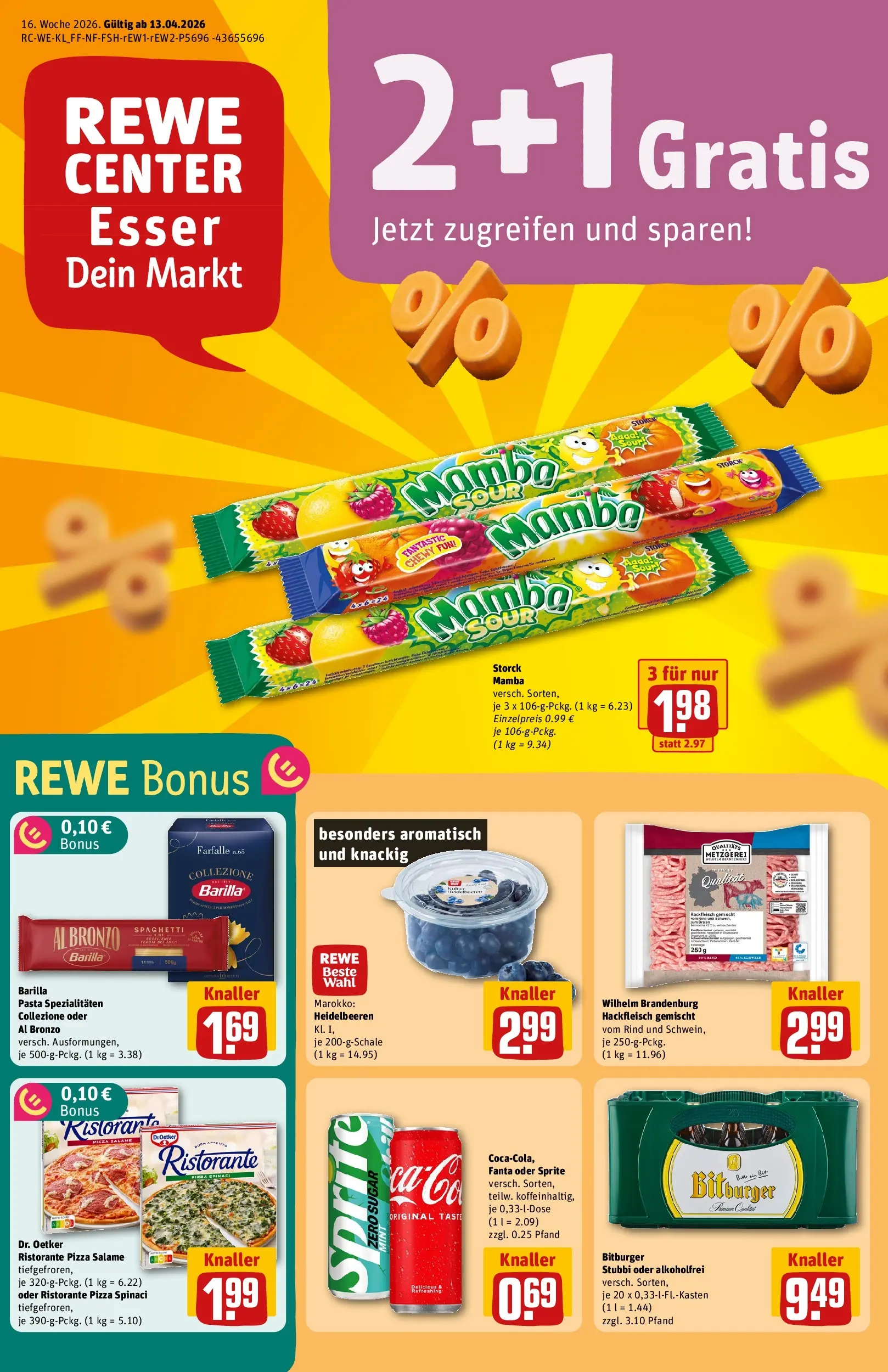 REWE Prospekt ab 12.04.2026 zum Blättern » Angebote | Seite: 1 | Produkte: Heidelbeeren, Pasta, Pizza, Hackfleisch