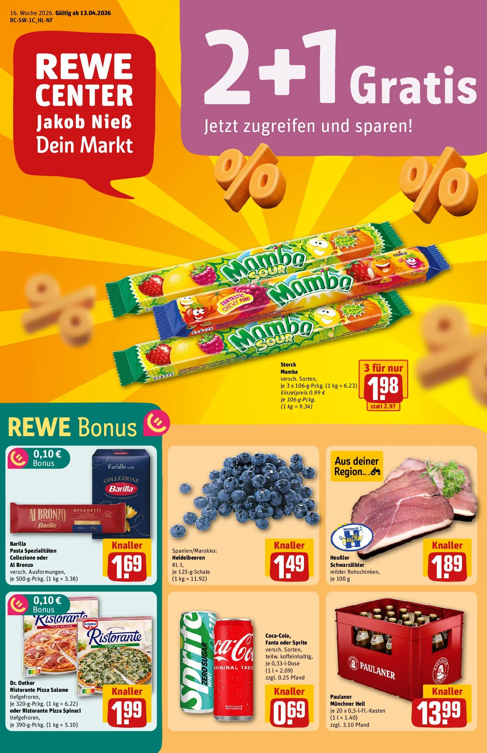 REWE Prospekt ab 12.04.2026 zum Blättern » Angebote | Seite: 1 | Produkte: Ristorante, Fanta, Heidelbeeren, Paulaner