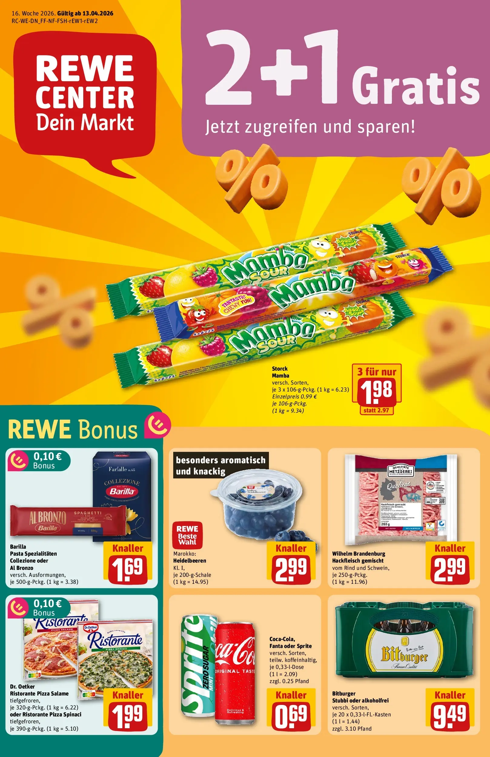 REWE Prospekt ab 12.04.2026 zum Blättern » Angebote | Seite: 1 | Produkte: Ristorante, Bitburger, Sprite, Heidelbeeren