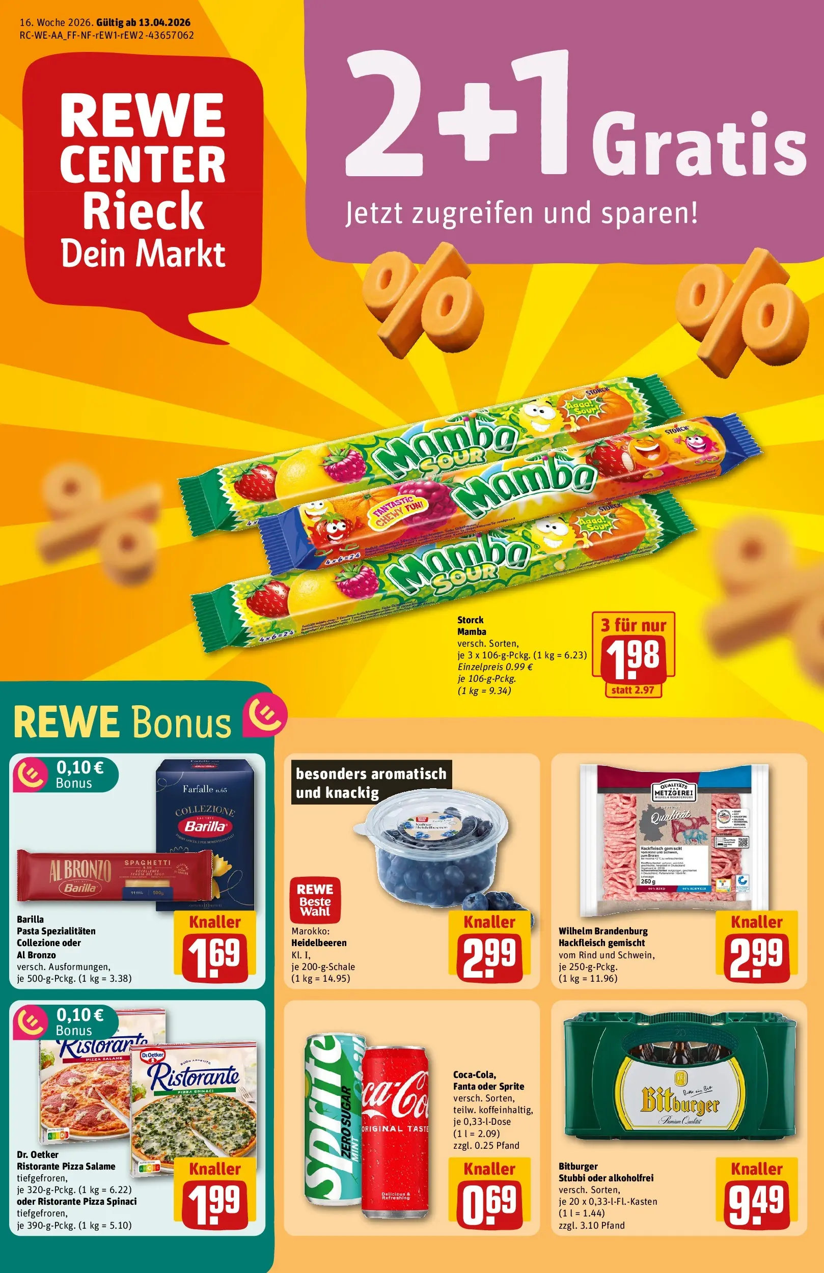 REWE Prospekt ab 12.04.2026 zum Blättern » Angebote | Seite: 1 | Produkte: Sprite, Heidelbeeren, Pasta, Hackfleisch