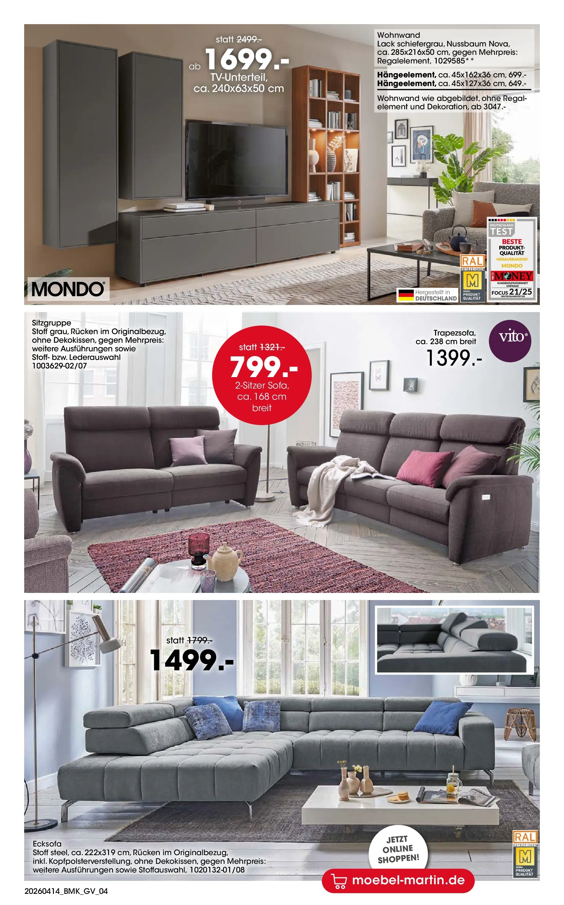Möbel Martin April Highlights (ab 14.04.2026) zum Blättern | Seite: 4 | Produkte: Ecksofa, Wohnwand, Regal