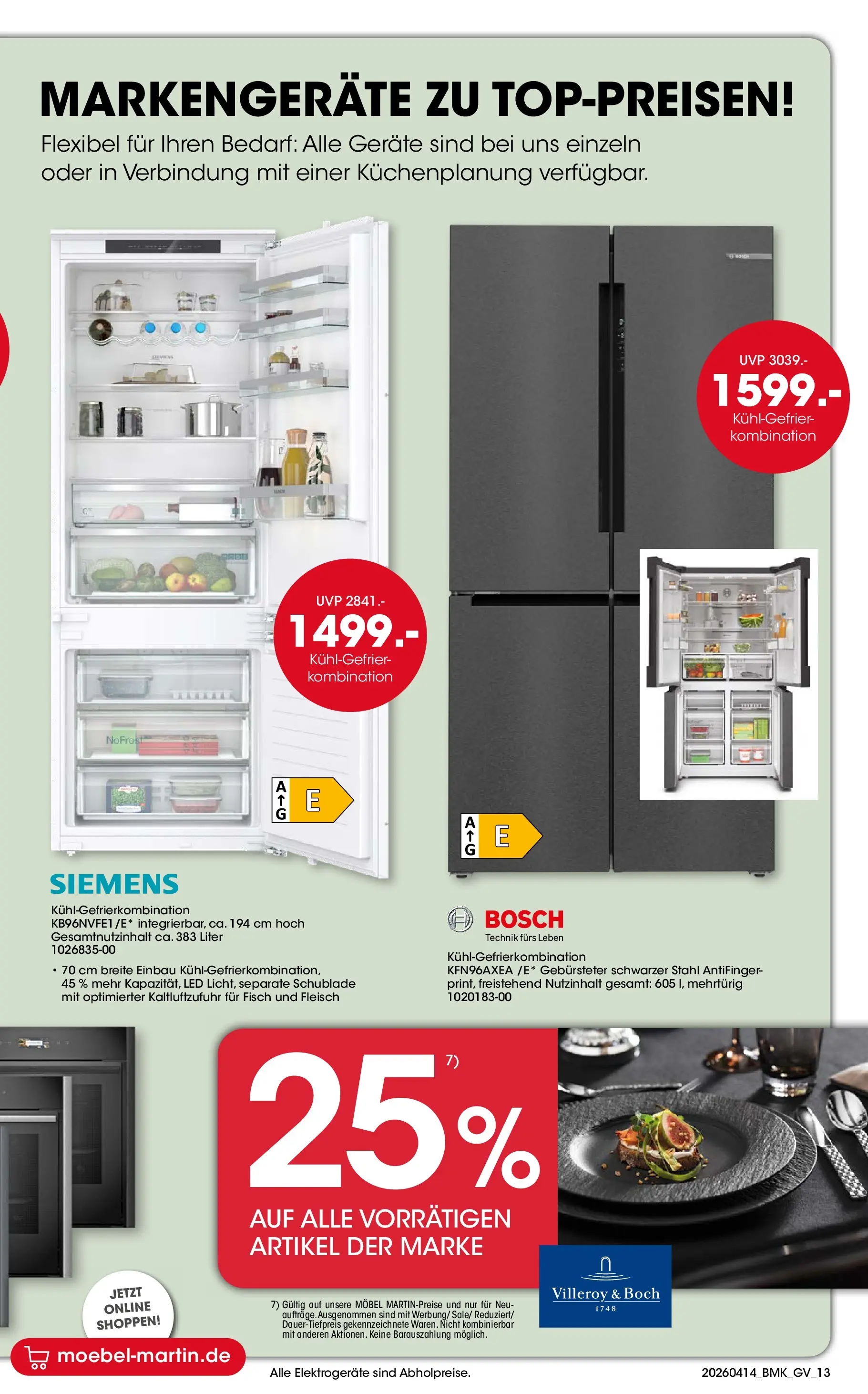 Möbel Martin April Highlights (ab 14.04.2026) zum Blättern | Seite: 13 | Produkte: Bosch, Fisch, Kühlgefrierkombination, Fleisch