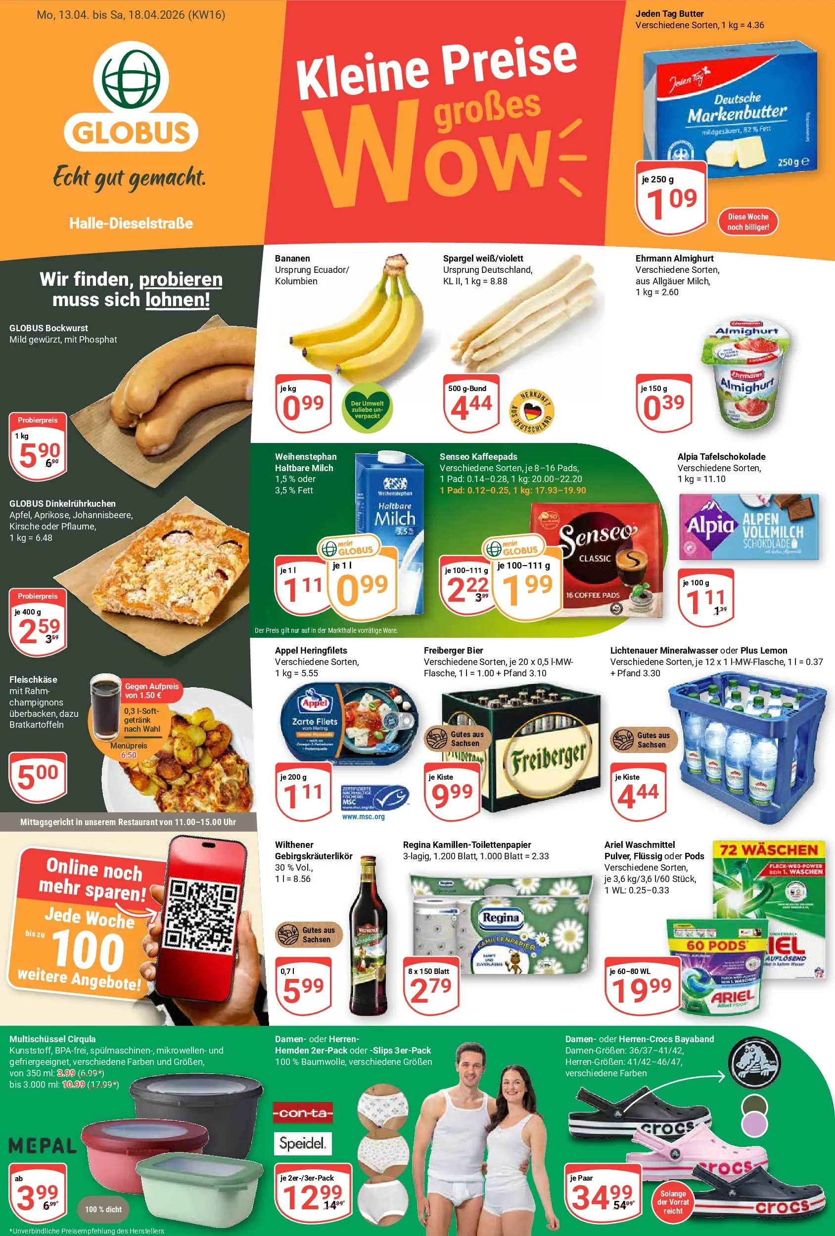 Globus Prospekt Halle (saale)	 (ab 12.04.2026) » Angebote online | Seite: 1 | Produkte: Bockwurst, Butter, Bananen, Uhr