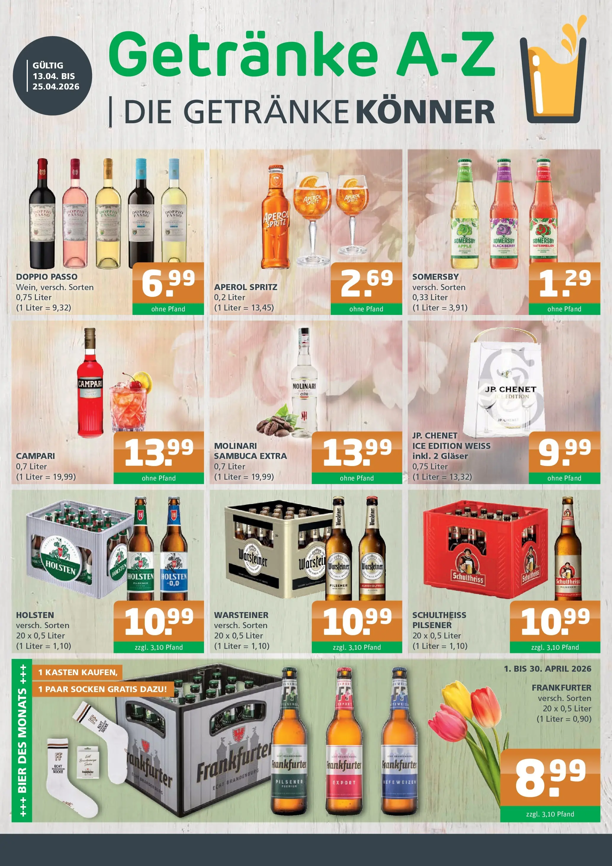 Angebote - Getränke A-Z: Getränkeangebote (ab 12.04.2026) zum Blättern | Seite: 1 | Produkte: Sambuca, Warsteiner, Socken, Aperol