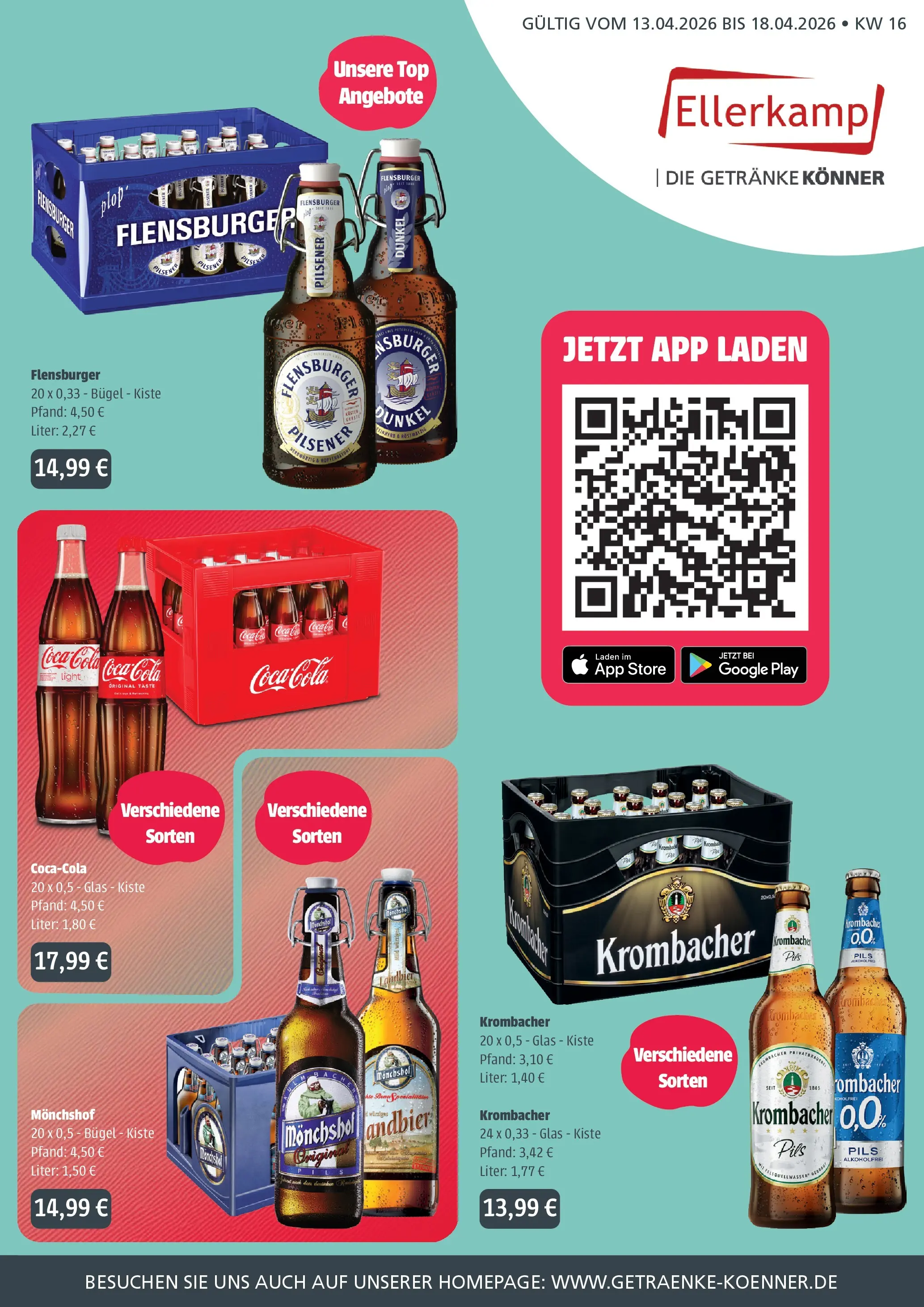 Angebote - Getränke Ellerkamp: Getränkeangebote (ab 12.04.2026) zum Blättern | Seite: 1 | Produkte: Monchshof, Coca cola, Flensburger, Krombacher