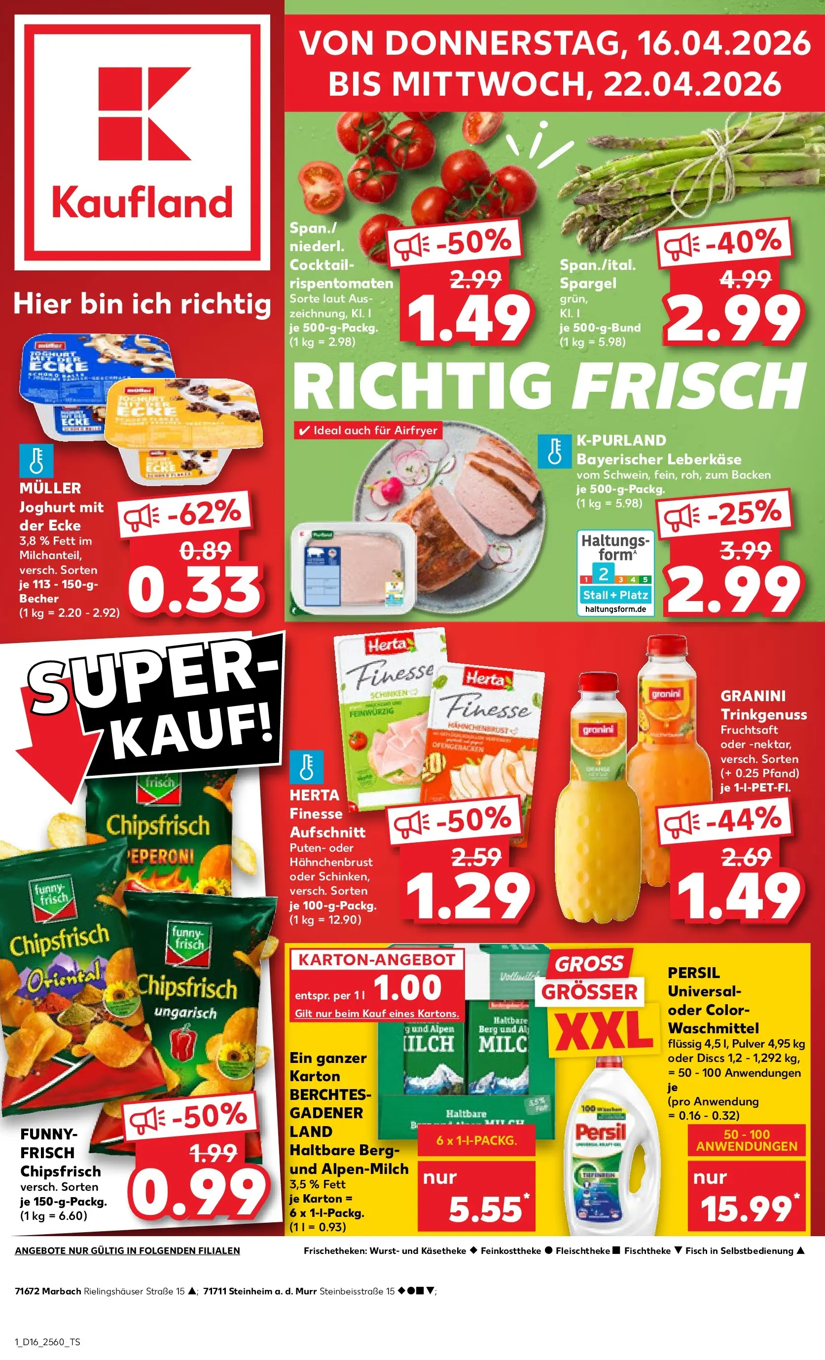 Prospekt Kaufland ab 16.04.2026 » Angebote Online zum Blättern | Seite: 1 | Produkte: Funny frisch, Chips, Herta finesse, Leberkase