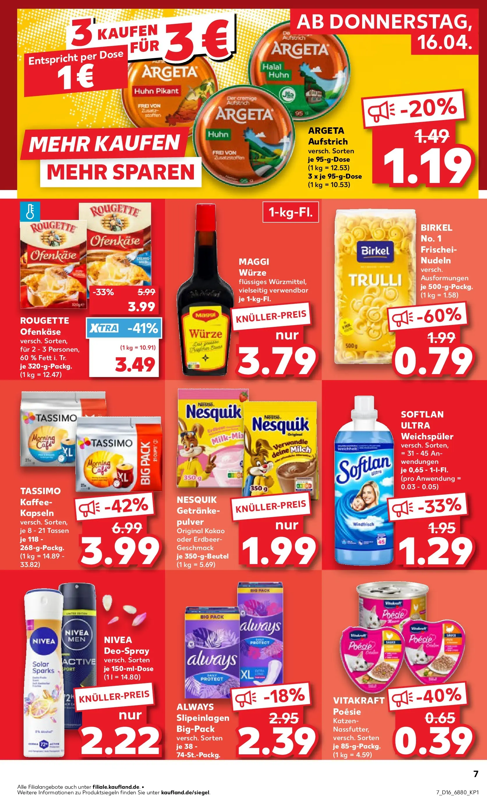 Prospekt Kaufland ab 16.04.2026 » Angebote Online zum Blättern | Seite: 7 | Produkte: Rougette ofenkase, Pasta, Nudeln, Tassimo