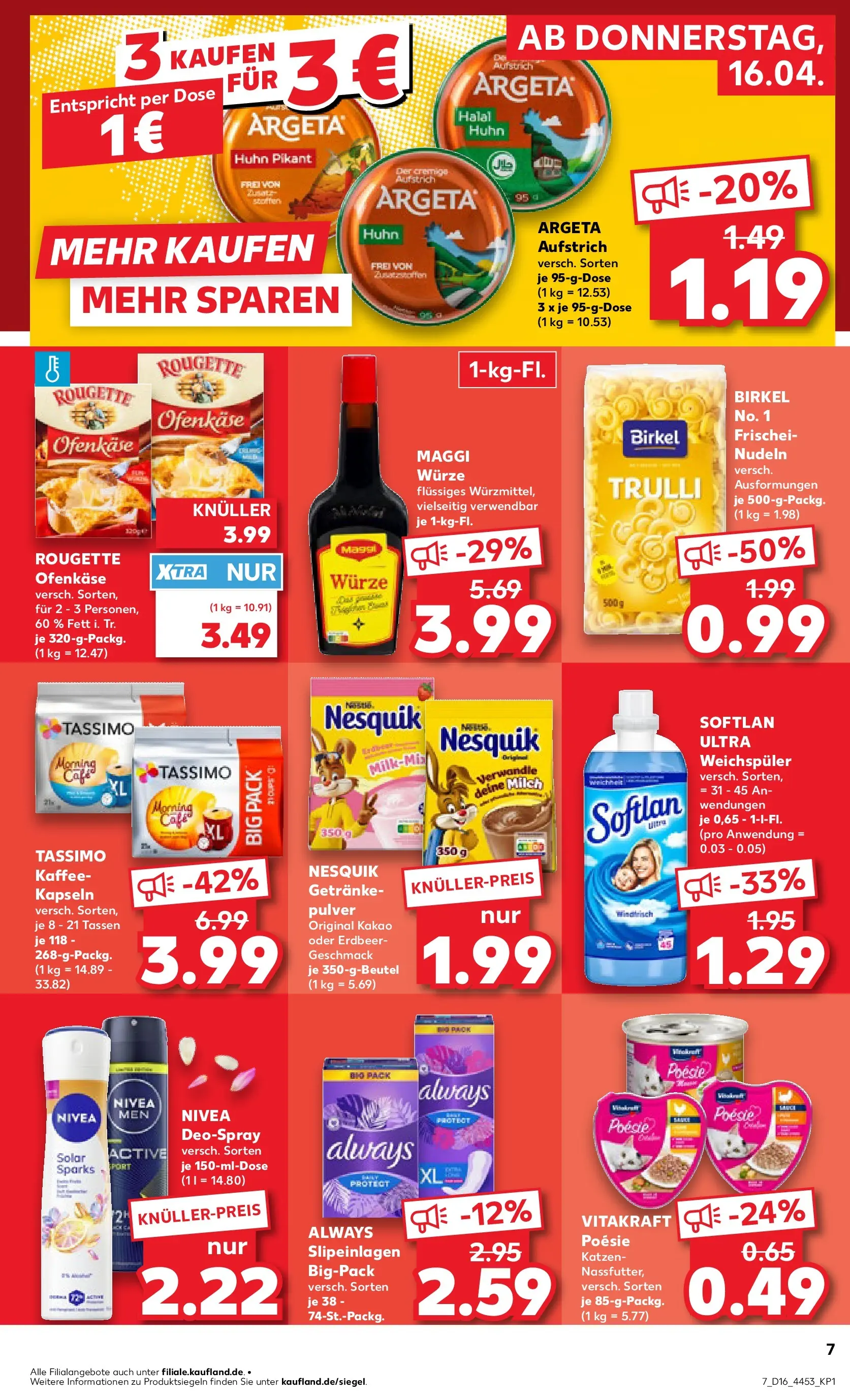 Prospekt Kaufland ab 16.04.2026 » Angebote Online zum Blättern | Seite: 7 | Produkte: Nesquik, Rougette ofenkase, Deospray, Nudeln