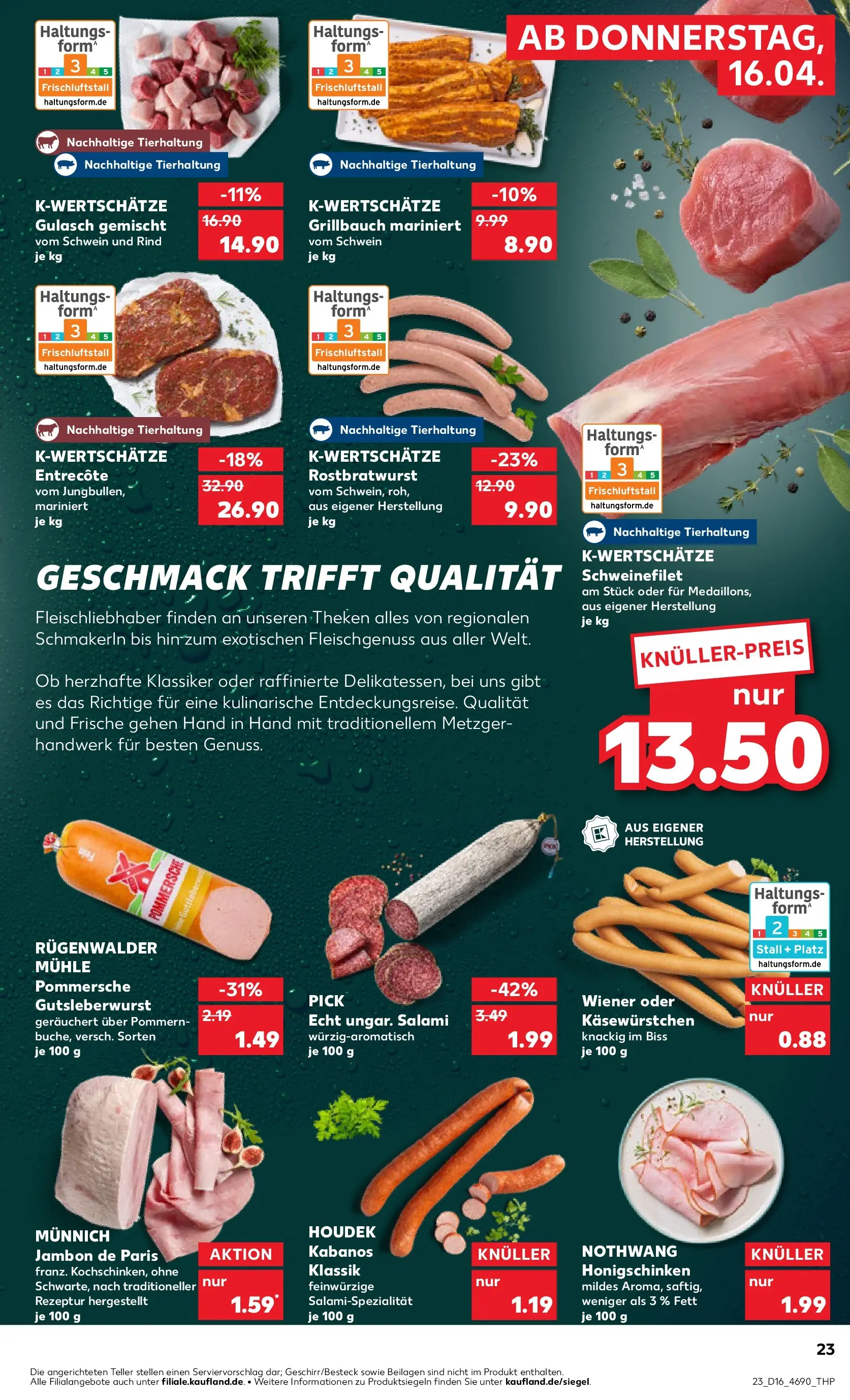 Prospekt Kaufland ab 16.04.2026 » Angebote Online zum Blättern | Seite: 23 | Produkte: Entrecote, Schweinefilet, Gulasch, Salami