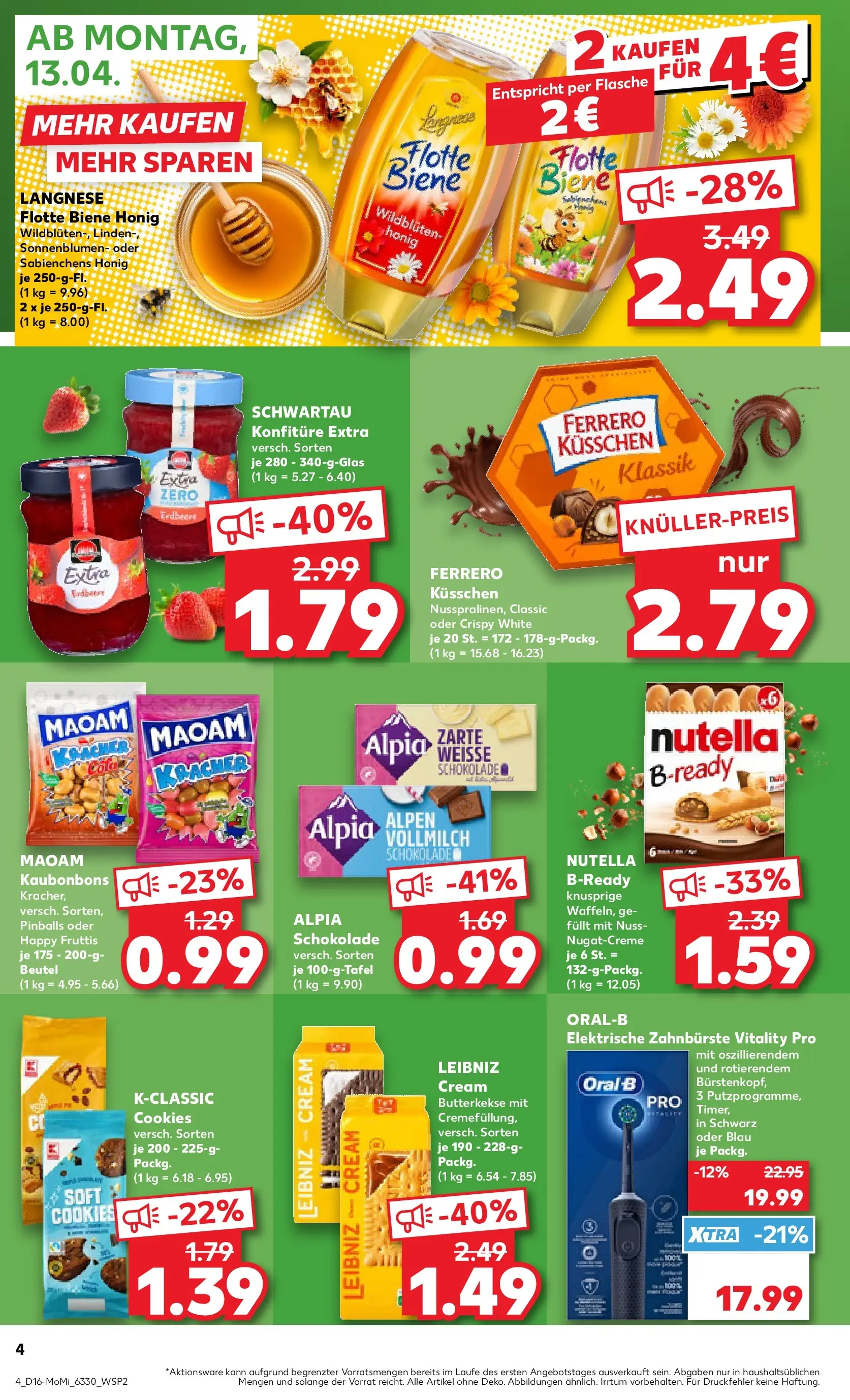 Prospekt Kaufland ab 13.04.2026 » Angebote und Werbung Online | Seite: 4 | Produkte: Elektrische zahnbürste, Nutella, Butterkekse, Zahnbürste Prospekt Kaufland ab 13.04.2026 » Angebote Online zum Blättern | Seite: 4 | Produkte: Elektrische zahnbürste, Nutella, Butterkekse, Zahnbürste