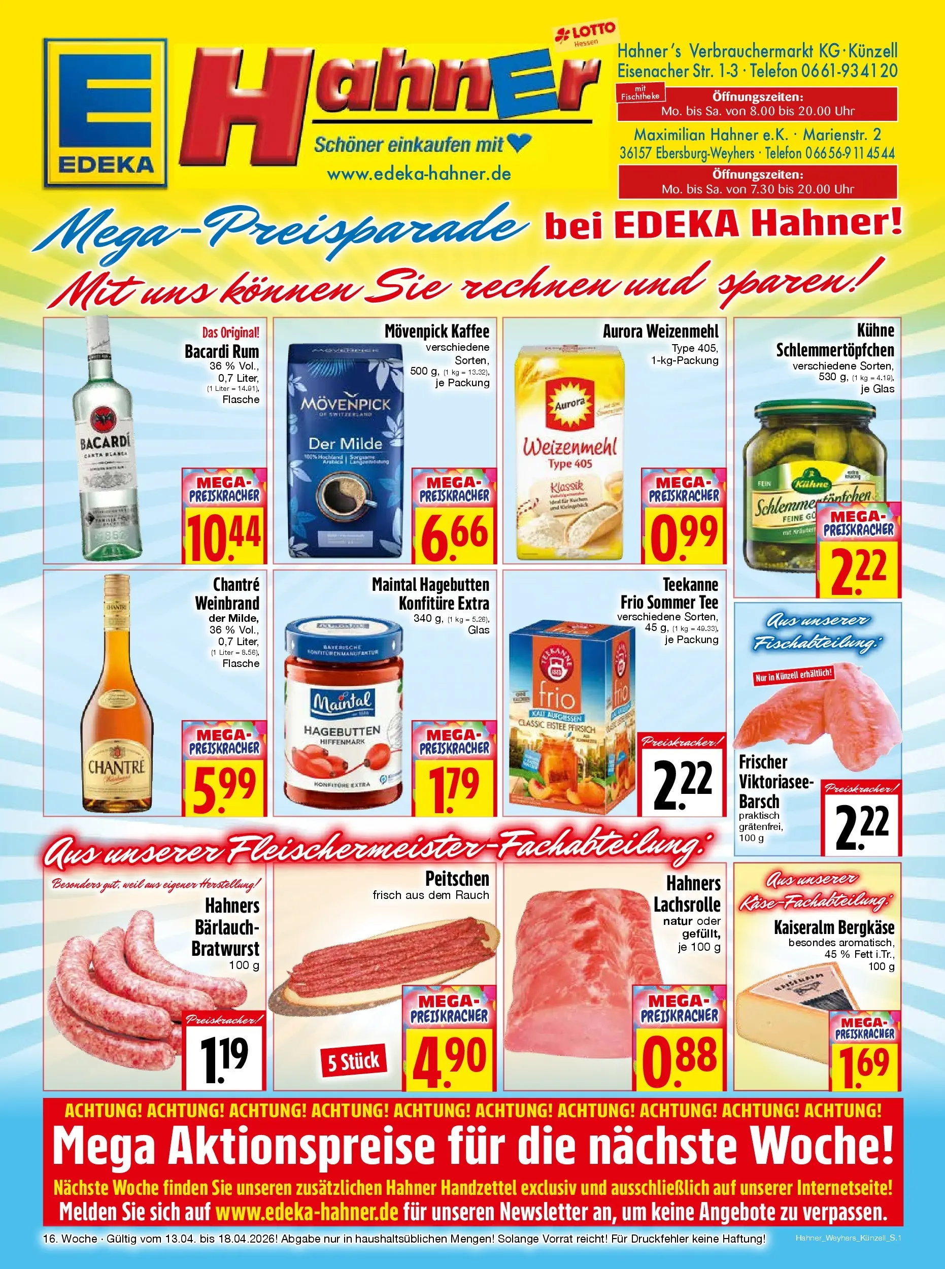 Angebote - Edeka Hahner: Wochenangebote (ab 12.04.2026) zum Blättern | Seite: 1 | Produkte: Bacardi, Kaffee, Pfirsich, Telefon