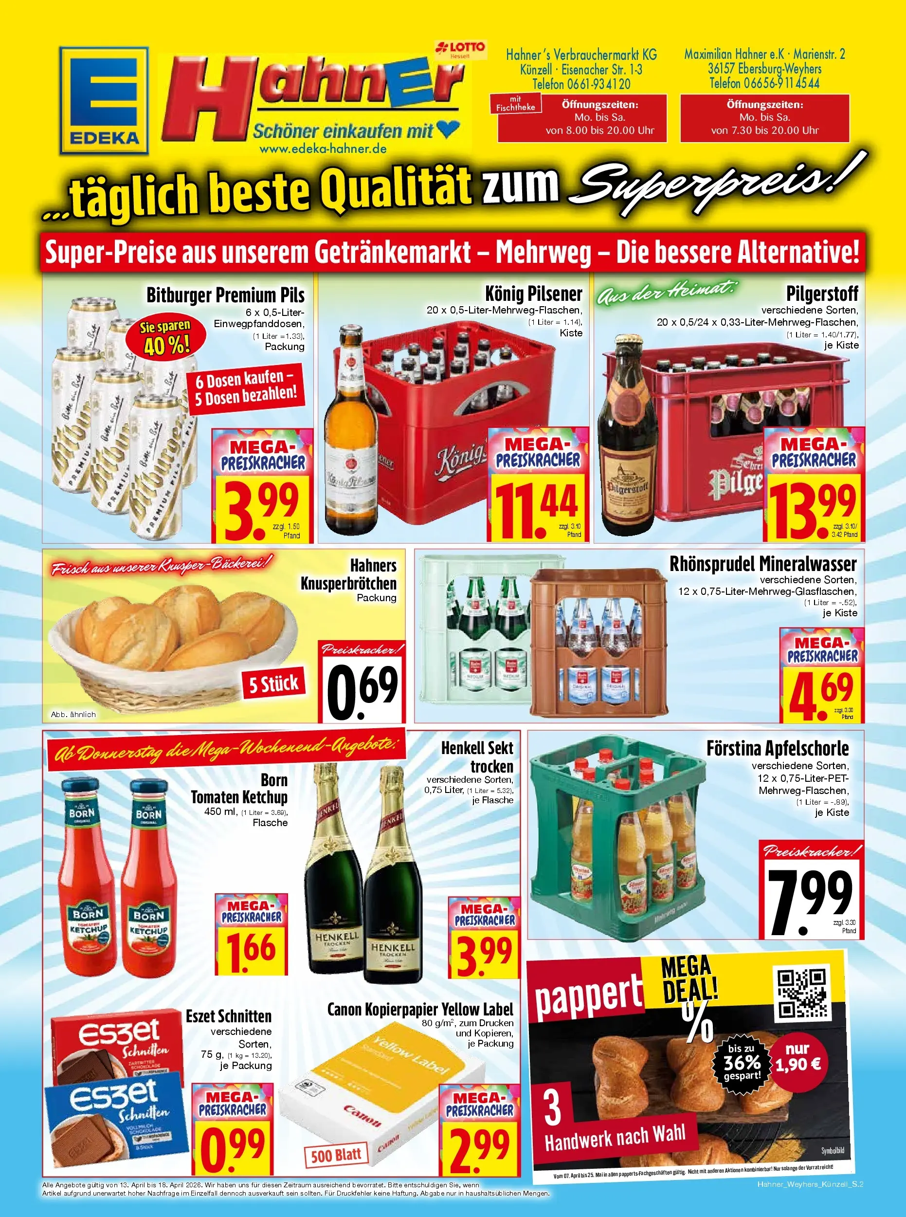 Angebote - Edeka Hahner: Wochenangebote (ab 12.04.2026) zum Blättern | Seite: 2 | Produkte: Schokolade, Sekt, Pils, Tomaten