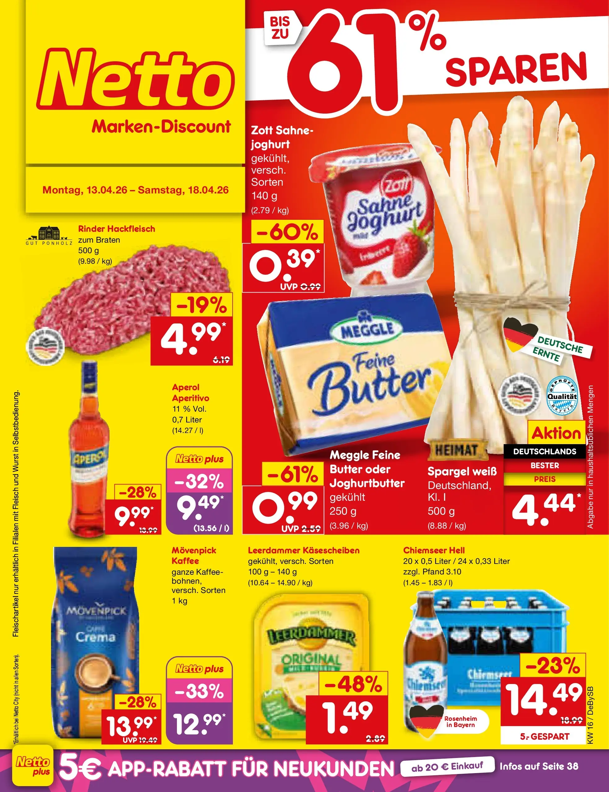 Netto Marken-Discount Prospekt Thierhaupten	 (ab 13.04.2026) » Angebote | Seite: 1 | Produkte: Spargel, Leerdammer, Wurst, Hackfleisch