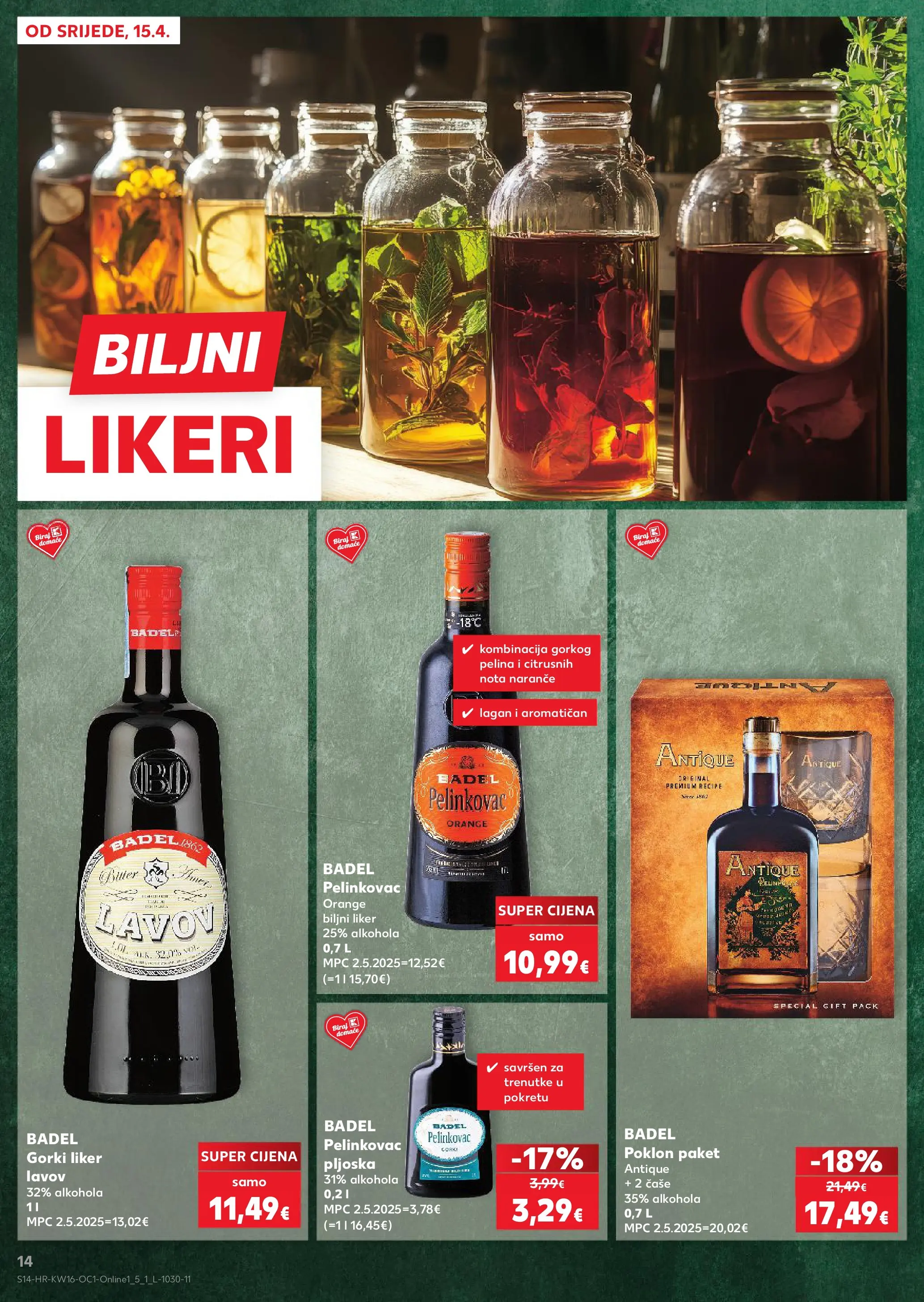 Kaufland - Kaufland katalog do 21.04.2026 novi od 14.04.2026 na listanje > letak digitalni | Stranica: 14 | Proizvodi: Pelinkovac, Naranče, Čaše, Liker