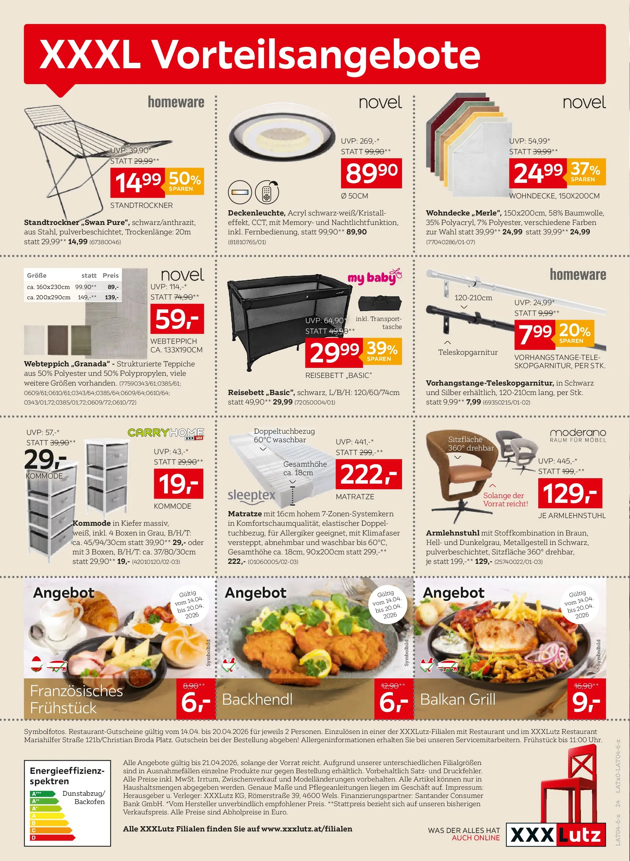 XXXLutz Aktuelle Angebote von 14.04.2026 - Aktuelle Angebote | Seite: 24 | Produkte: Tasche, Grill, Matratze, Kommode