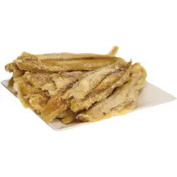 Snack aus Alaska-Pollack (Gadus chalcogrammus), Filet, gesalzen und ged&ouml;rrt, lose, aufgetaut