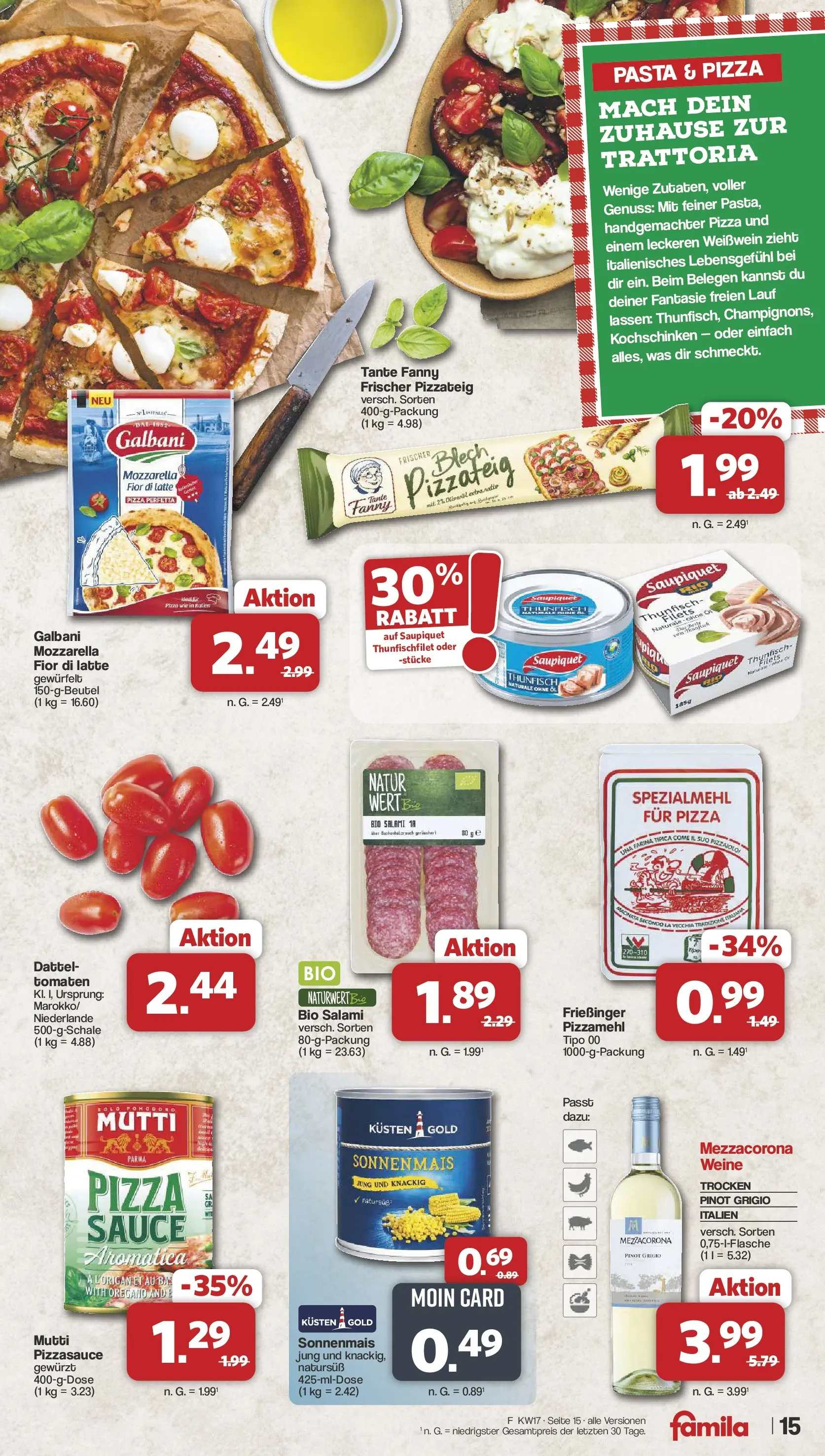 Famila Nordwest Wochenangebote (ab 20.04.2026) zum Blättern | Seite: 15 | Produkte: Thunfisch, Weißwein, Mozzarella, Pizza