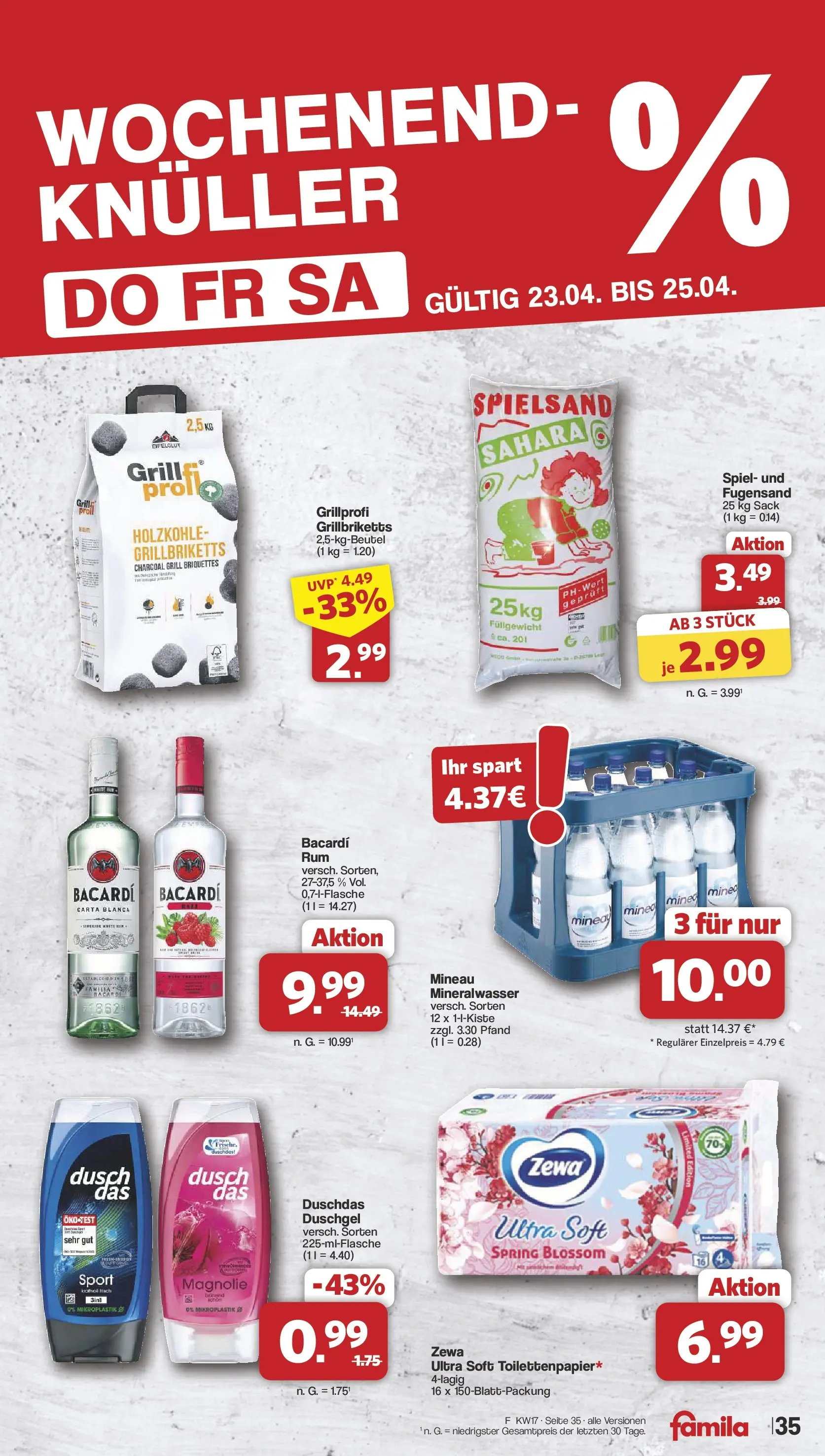 Famila Nordwest Wochenangebote (ab 20.04.2026) zum Blättern | Seite: 37 | Produkte: Bacardi, Grill, Mineralwasser, Duschdas