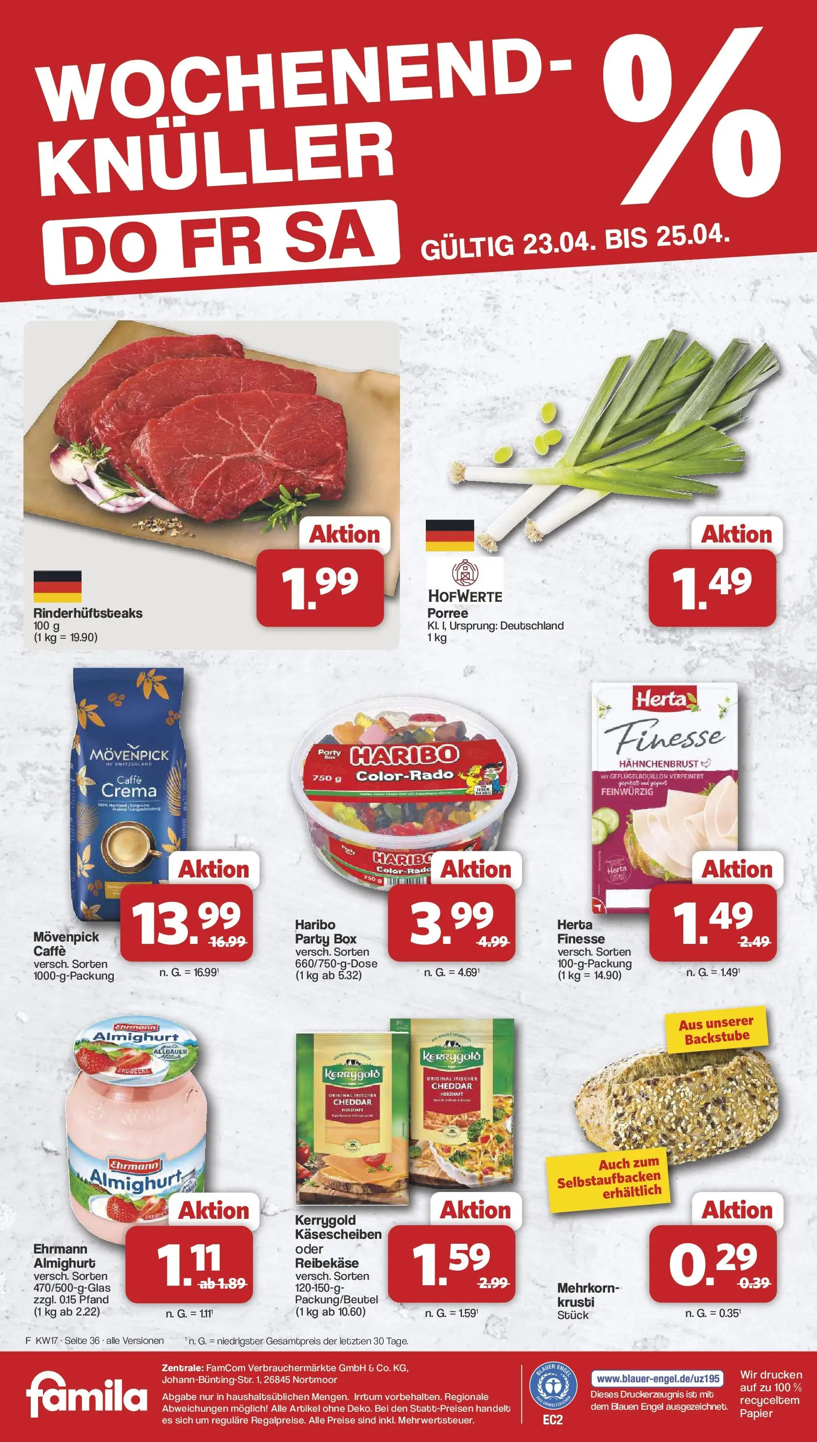 Famila Nordwest Wochenangebote (ab 20.04.2026) zum Blättern | Seite: 38 | Produkte: Ehrmann almighurt, Haribo, Box, Herta finesse